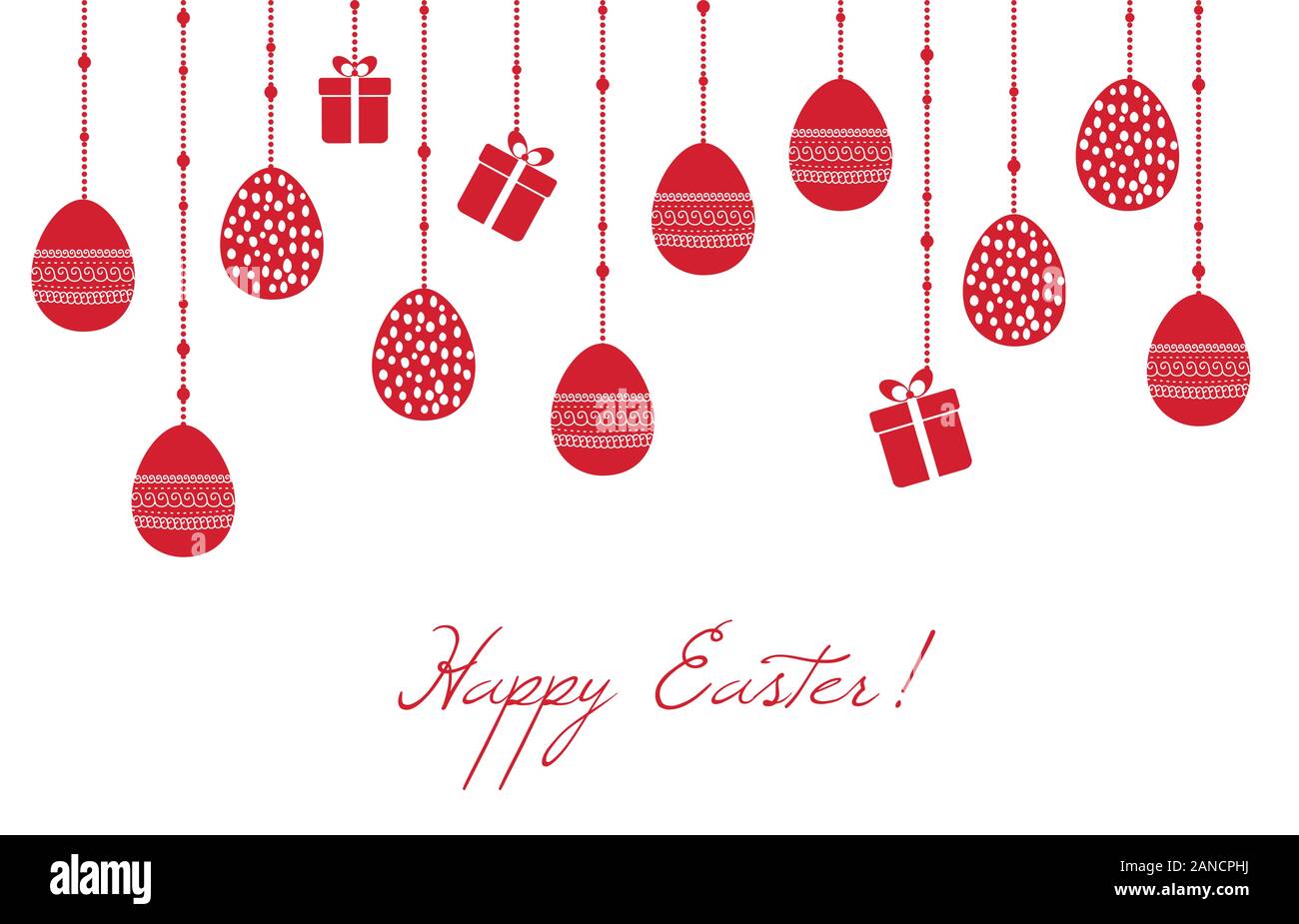 Easter greeting card with hanging decorative eggs Stock Vector