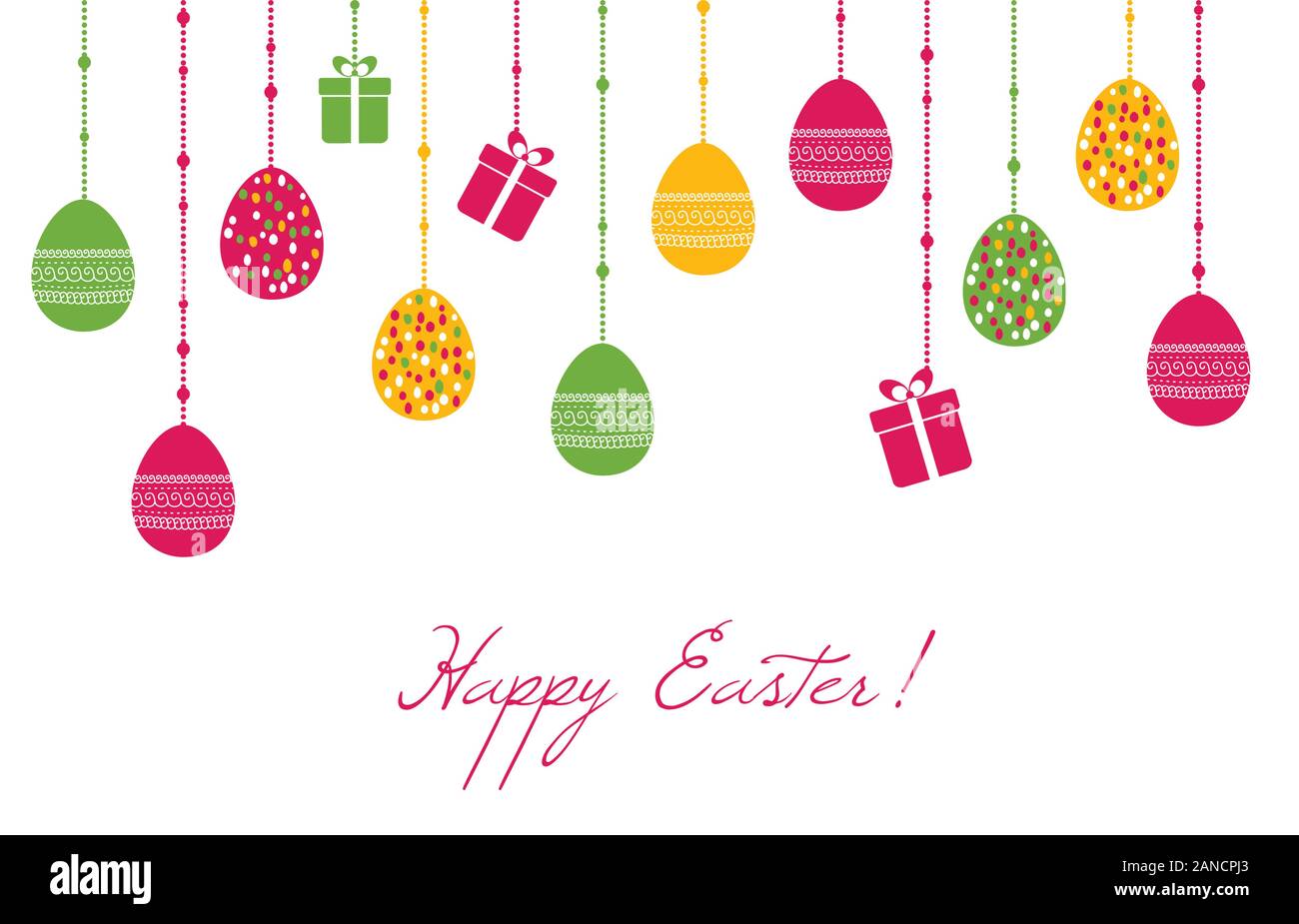 Easter vector greeting card with hanging eggs Stock Vector