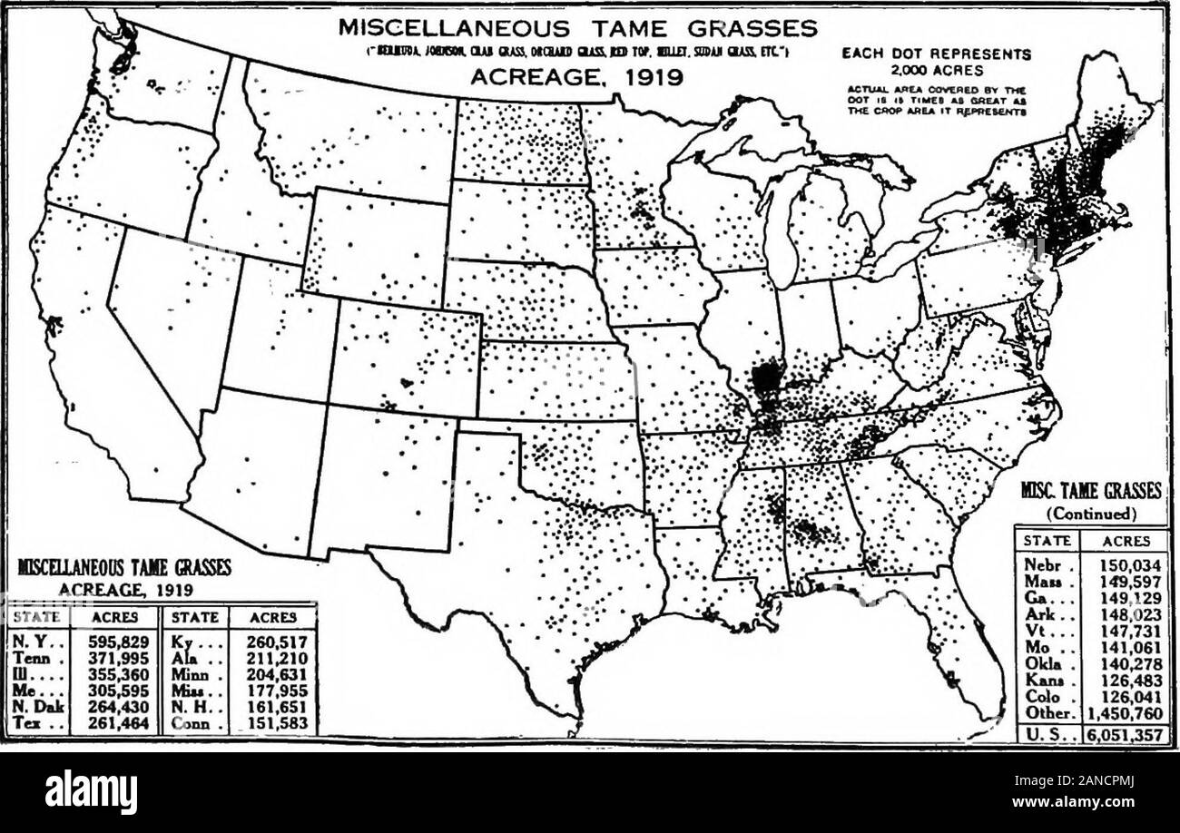 A graphic summary of American agriculture, based largely on the census of 1920 ... . Fig. 43.—This map shows the acreage o( clover grown alone (for timothy and clovermixed see Pig. 40). Clover may mean red, mammoth, or alsike clover in the Northernand Central States, crimson clover, a very different plant, in the coastal plain of Dela-ware, Maryland, and Virginia, bur clover in parts of the South, and was specificallystated in the census schedule to include lespedeza. Consequently, the map above, likethat of wild hay, includes several different plants, all legumes, however. Most of theclover a Stock Photo