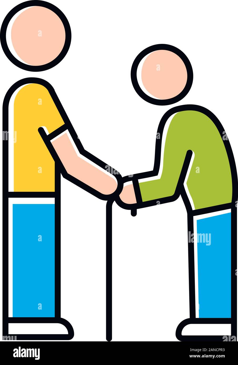Elderly people help color icon. Volunteer responsibility for old people. Assistance program for pensioners. Caring about old parents. Man holds senior Stock Vector