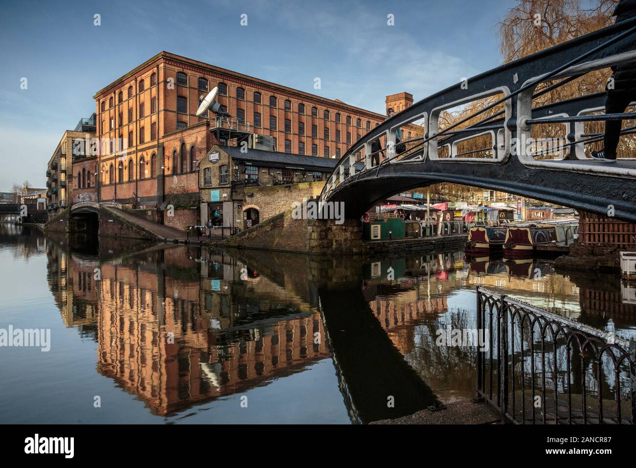 Reflection in Regent's Lock /  Grand Union Canal adjacent to Camden Lock, Camden Town,  London, England, UK. Stock Photo