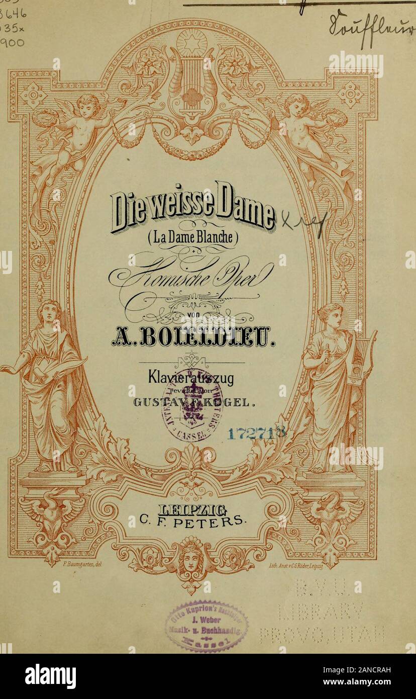 Die weisse Dame = La dame blanche : komische Oper . Inhalt Erster Akt. Ouvertüre. Pag. 3 N? 1. Introdliction. Erklinget ihr Hörner, n 12 N? 2. Arie. Ach, welche Lust Soldat zu sein ! ti 23 N? 3. Duett. Welch ein herrlich Gemüthe, r&gt; 32 N? 4. Trio. Doch mein Weibchen sehich eilig kommen, n 41 N? 5. Ballade. Seht jenes Schloss mit seinen Zinnen, n 47 N? 6. Duett. Wie, er gehet, lässt uns hier allein ? n 54 N? 7. Finale. 0 Gott! was muss ich Arme hören! v 61 Zweiter Akt. N? 8. Entre-Akt. w 82 N? 9. Romanze. Spinne arme Margarethe, « 83 N? 10. Terzett. Horch, man läutet noch an der Pforte, « 85 Stock Photo