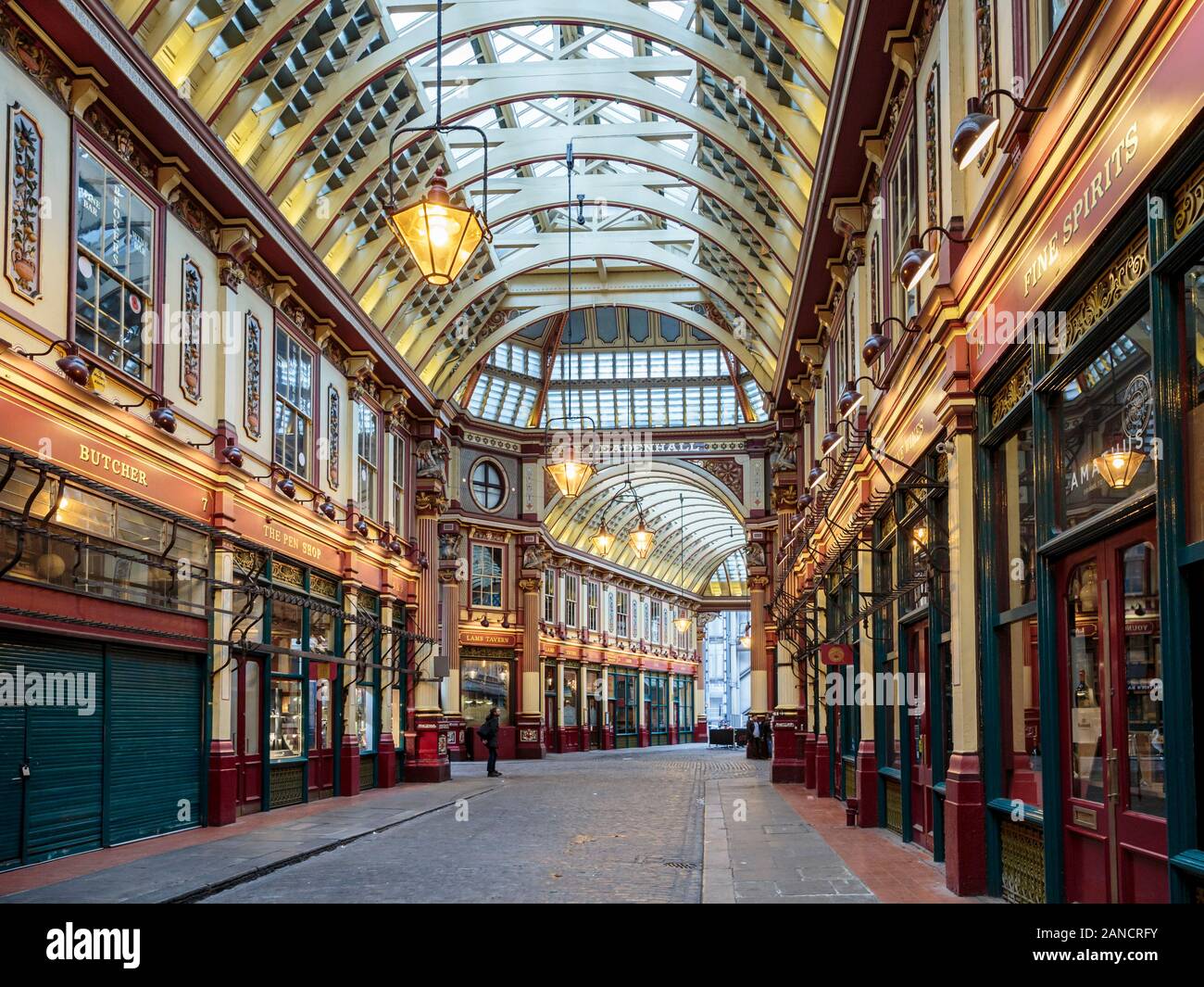 Internal view of the historic Leadenhall Market, London, England, UK. It is one of the oldest markets in London, dating back to the 14th century. Stock Photo