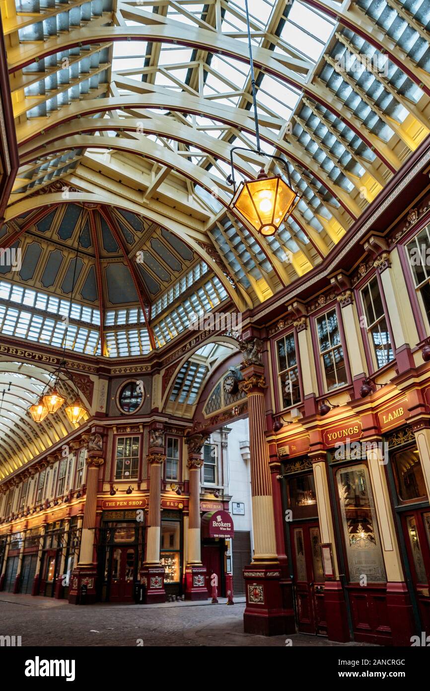 Internal view of the historic Leadenhall Market, London, England, UK. It is one of the oldest markets in London, dating back to the 14th century. Stock Photo