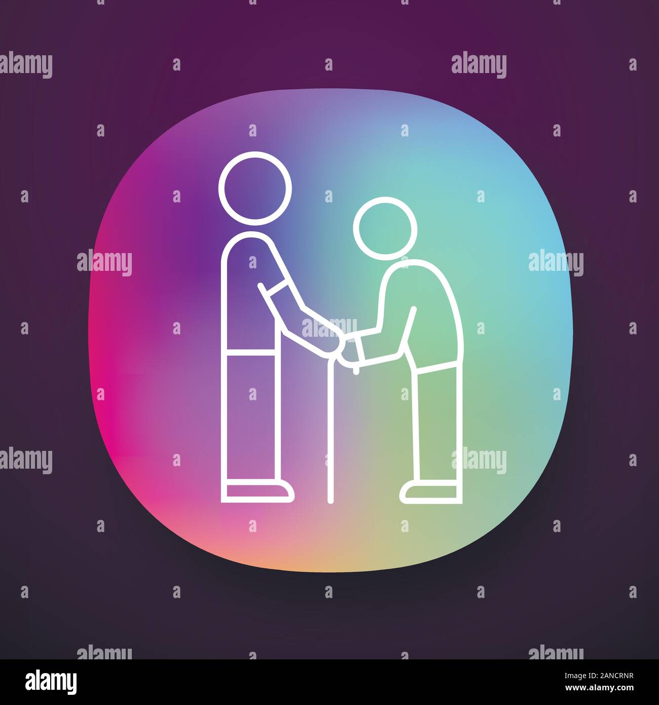 Elderly people help app icon. Volunteer responsibility for old people. Caring about old parents. Man hold senior by hands. UI/UX user interface. Web o Stock Vector