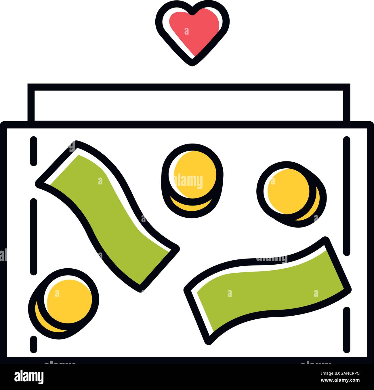 Donation box color icon. Collecting box with banknotes, coins. Moneybox. Charity fundraising. Receptacle for receiving donations. Container for money. Stock Vector