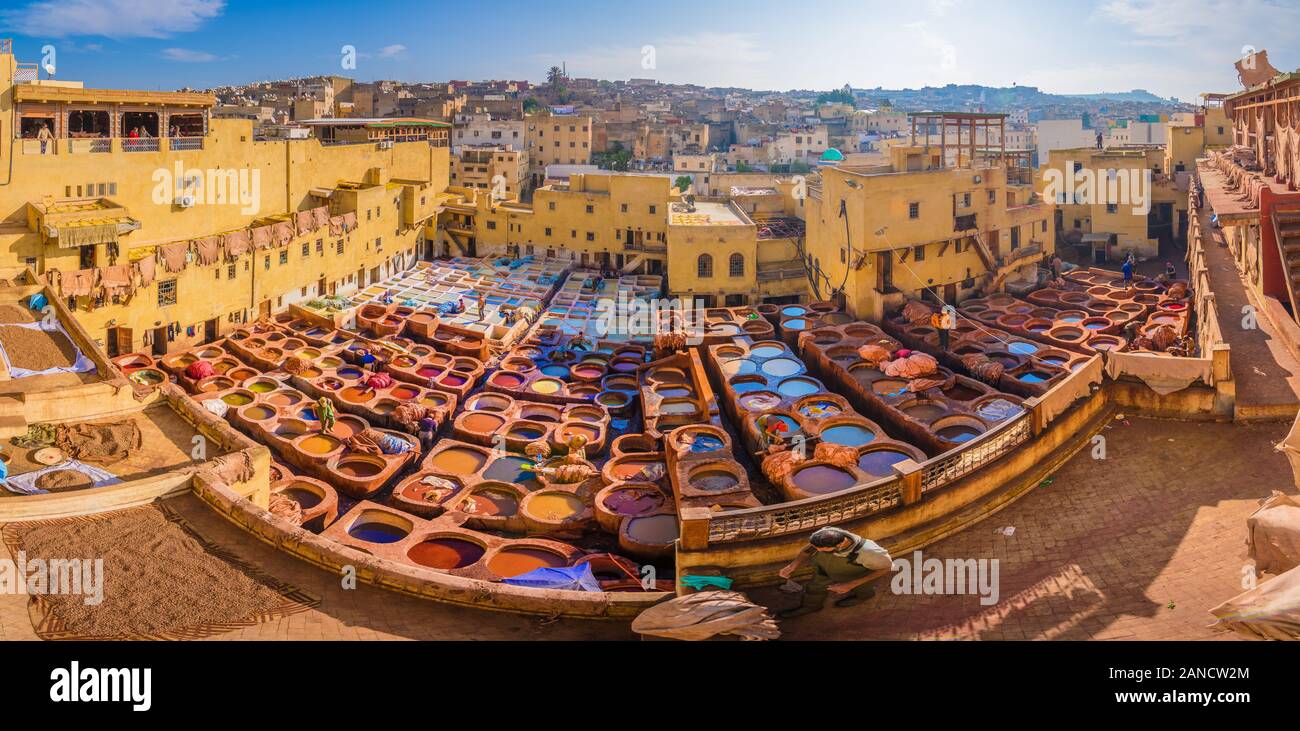 Leather dying in a traditional tannery in the city Fes, Morocco Stock Photo