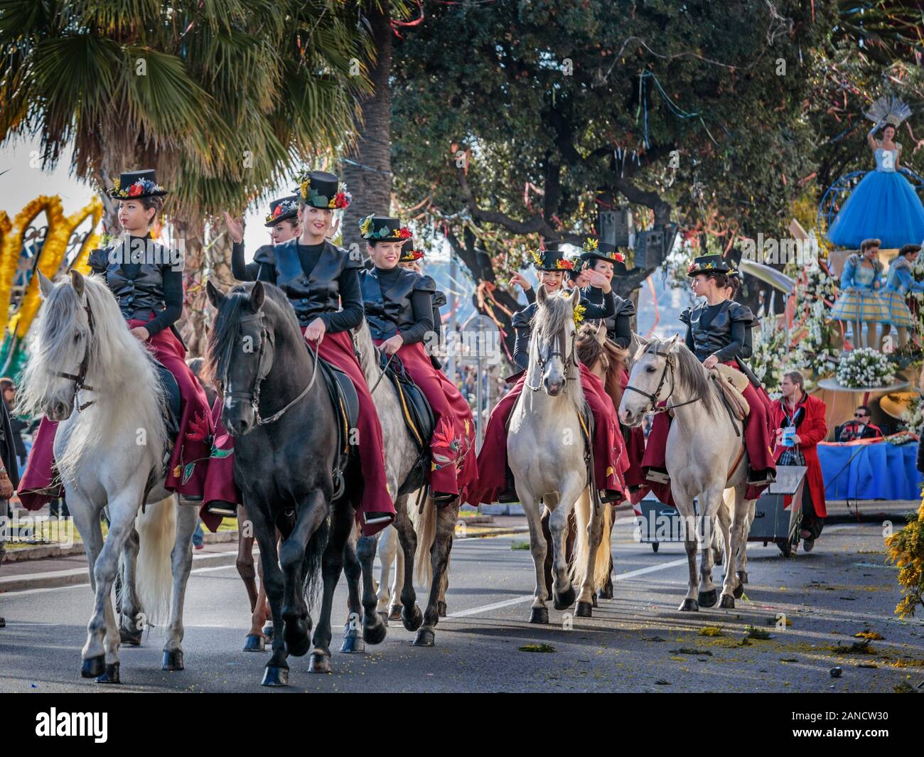 Horse riders at the Flower Parade, Nice Carnival, French Riviera, Cote d'Azur, France. Stock Photo