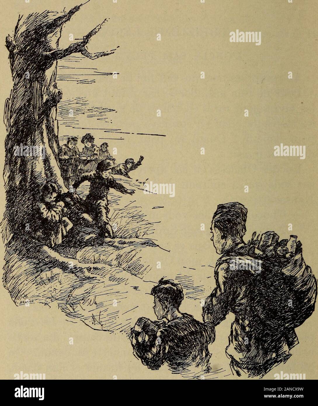 L'oncle Sam en France; lecture, conversation, composition . res sont rares en temps de guerre — on ramasseles restes de boeuf en conserve pour en faire du hachispour demain. Quant au pain, on le laisse: il seche,durcit et moisit. Un des Oncles sen est apergu. II sest procure unsac vide qui a contenu de la belle farine blanche duKansas. — Chocolat, voulez-vous maider? — A quoi done, oncle Smith? — A ramasser, dans ce sac, ce pain qui serait perdu. — Certainement, mon Oncle. . Le sac est plus dh moitie plein. — Vous maccompagnez, nest-ce pas? — Jusqua Berlin sil le faut, mon Oncle!LOncle charge Stock Photo
