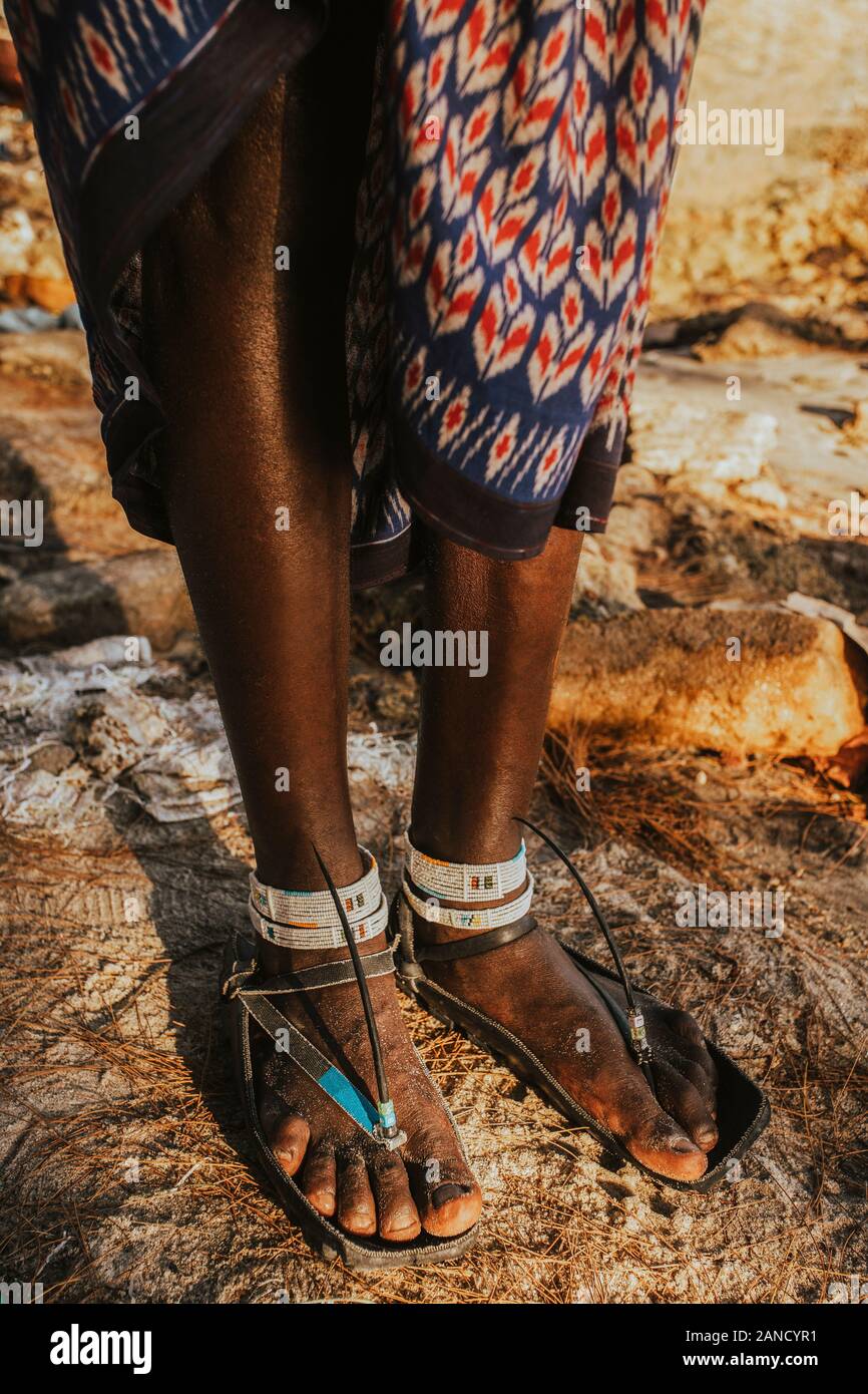 Close up of Maasai shoes made from old tyres Stock Photo - Alamy