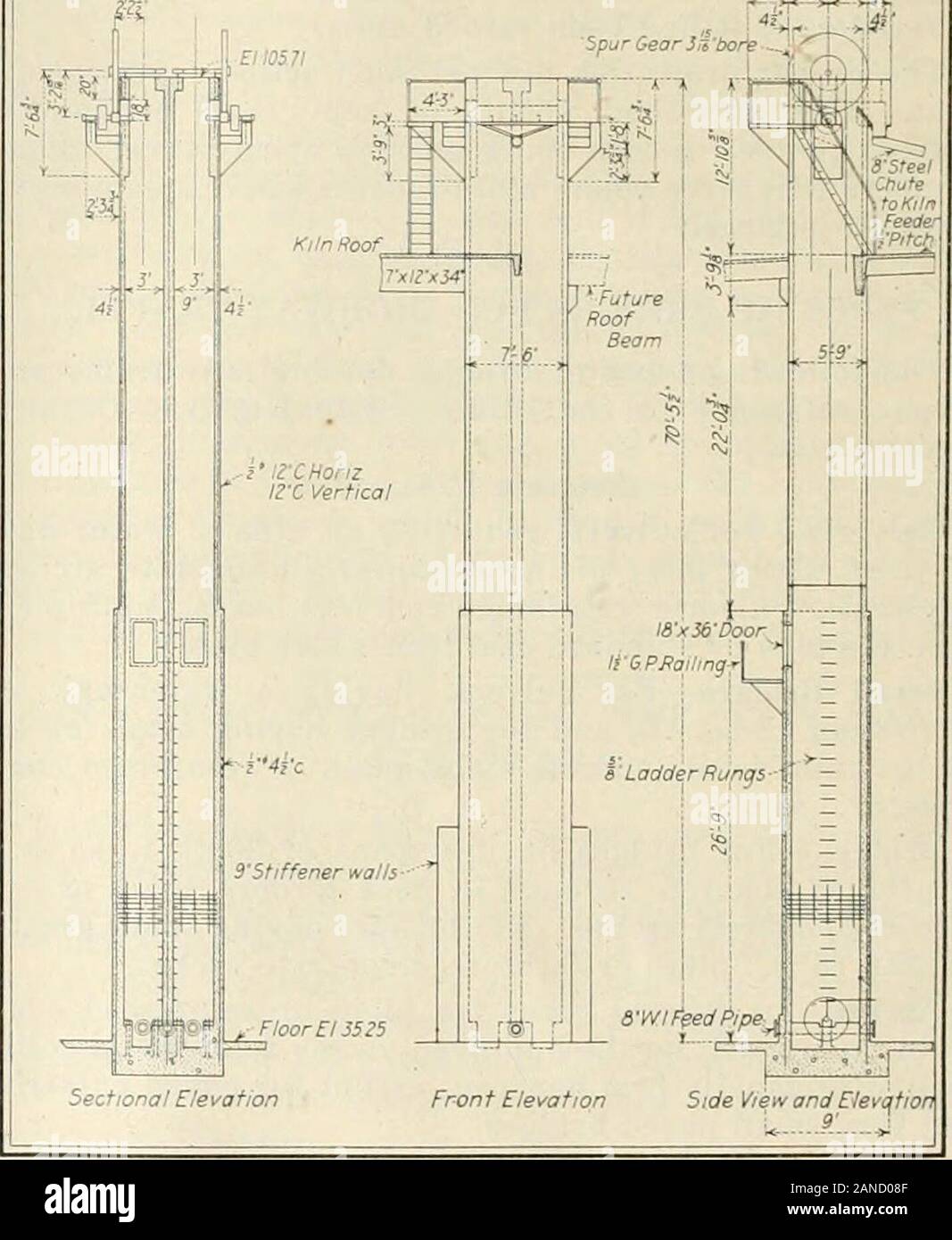 Engineering and Contracting . - SEmerqencupipe for pump connSsi  -g- SiVlPipe talOOObbl slurry 4 Elet^ator storage basin Plan of Elevator Head ^fil5rd44Sproikef? Sprocket shaft ZHD iGrease PipiPlan of Slurry Elevator Boot. Fig. 1- -Sectional Elevation, Front Elevation and Side Elevation ofReinforced Concrete Slurry Elevator. which it is drawn to a large mixing basin holding about1,000 bbls. An Ingersoll-Rand air lift pumping system then pumpsit over to a 2,000-bbl. reinforced concrete storage basinwhich is 26 ft. deep, and is built between the 4th and5th piers of the 210-ft. rotary kiln, and Stock Photo