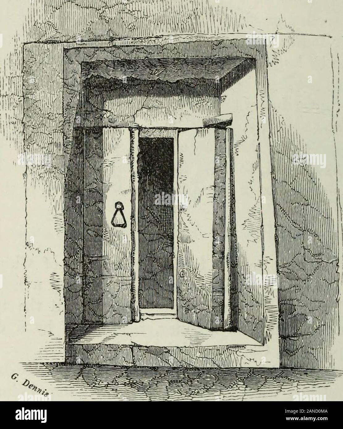 The cities and cemeteries of Etruria . d centuries since. Hinges, strictly speaking, there are none;for the doors have one side lengthened into a pivot above andbelow, which pivots work in sockets made in the stone lintel andthreshold ; just as in the early gateways of Etruscan cities,1 andas doors were hung in the middle ages—those of the Alhambrafor instance. There can be no doubt of the antiquity of thesedoors ; it is manifest in their very arrangement; for the lintel isa huge mass of rock buried beneath a weight of superincumbentearth; and must have been laid after the slabs were in theirp Stock Photo