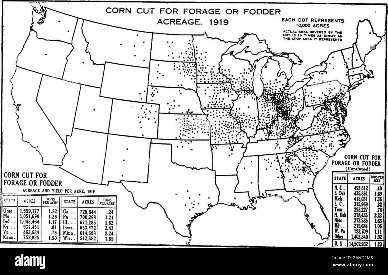 A graphic summary of American agriculture, based largely on the census of 1920 ... . 19 STATE ACRES TOM STATE ACMS m Iwu. 690,062 8.02 Knn. 267,447 4.21 348,254 7.33 Ind . 9.59 Ohir. 224,469 8.49 321,068 7.24 Pa.. 298,645 7.82 Mo . 131,192 5.0?. iMu-r, 7.79 Colo 56,126 4.25 STATE ACHU STi Krlr asi iW SU. sutz S« n mm 9a II M 411 It K34 It sn OrI.. !]» stt Tn 3191; 591 Tm lUIl 6.S9 (Mm. mm Ml Fig. 25.—Corn constitutes probably 95 per cent or more of the acreage of crops cutfor silage. In the Southwest relatively small amounts of kaflr and milo are used forsilage; and in the Northwest occasional Stock Photo