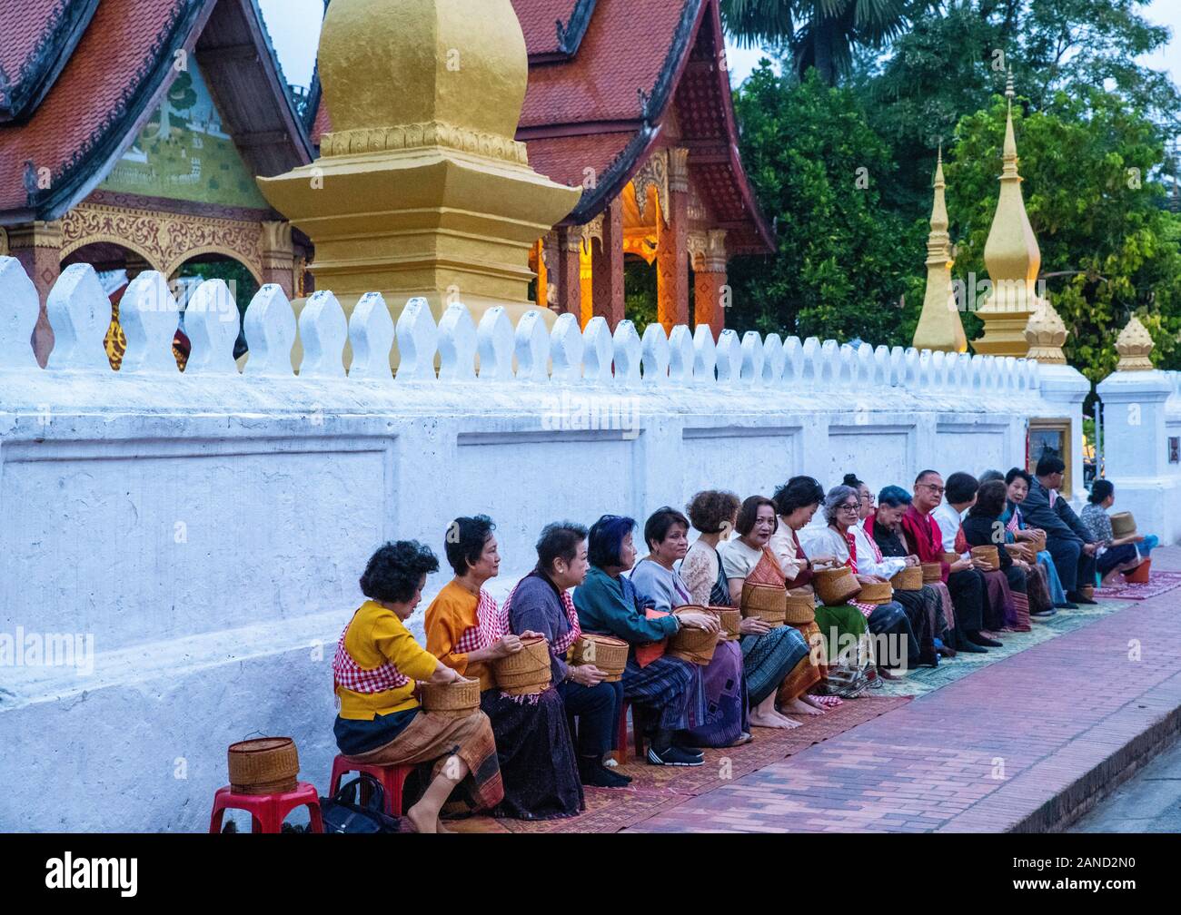 Monks and tourists participate in sai bat (morning alms giving), Wat Sesnsoukharam, Sakkaline Road, Luang Prabang, Laos. Stock Photo