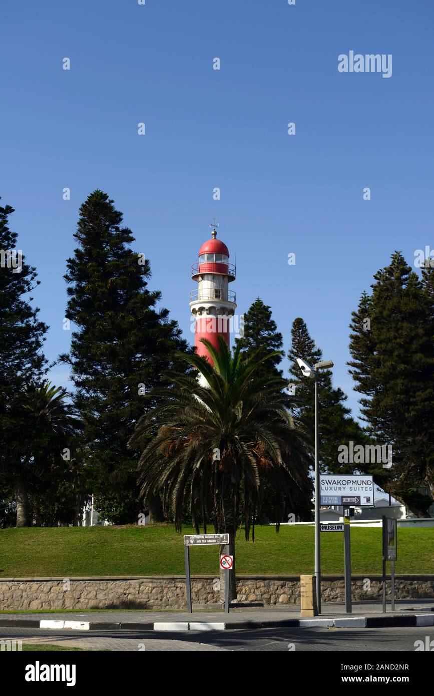 historic lighthouse,red white lighthouse,German colonial building,Swakopmund,Namibia, RM Africa Stock Photo