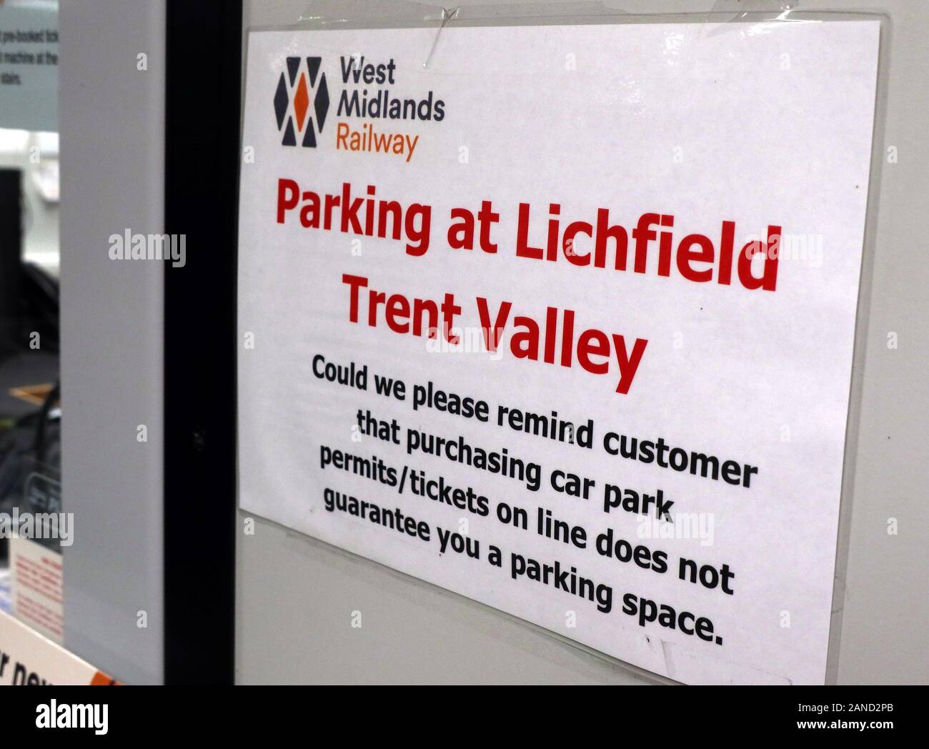 Parking at Lichfield Trent Valley station,purchasing tickets does not guarantee a parking space, West Midlands station, England, UK, WS13 6HE Stock Photo