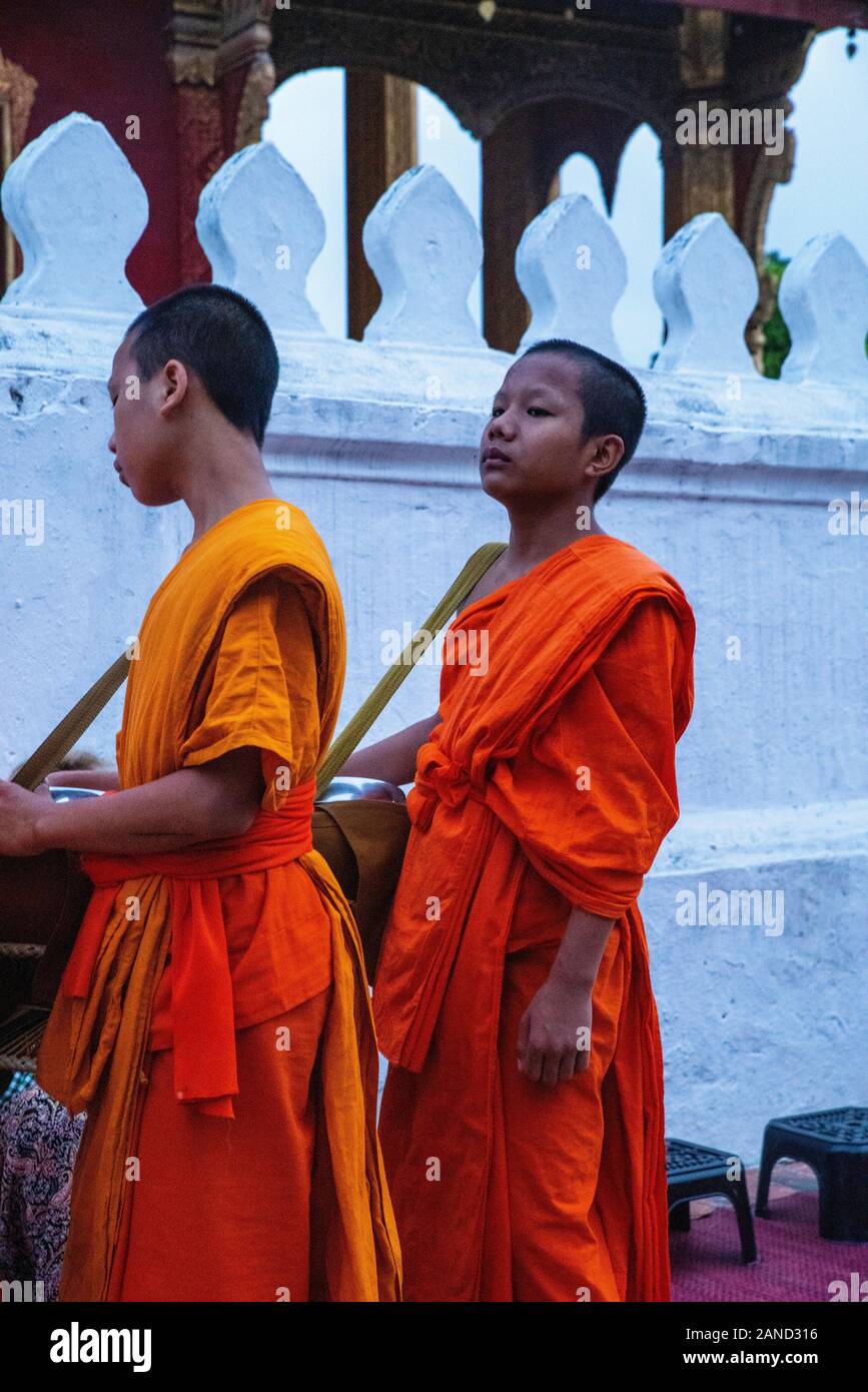 Monks and tourists participate in sai bat (morning alms giving), Wat Sesnsoukharam, Sakkaline Road, Luang Prabang, Laos. Stock Photo