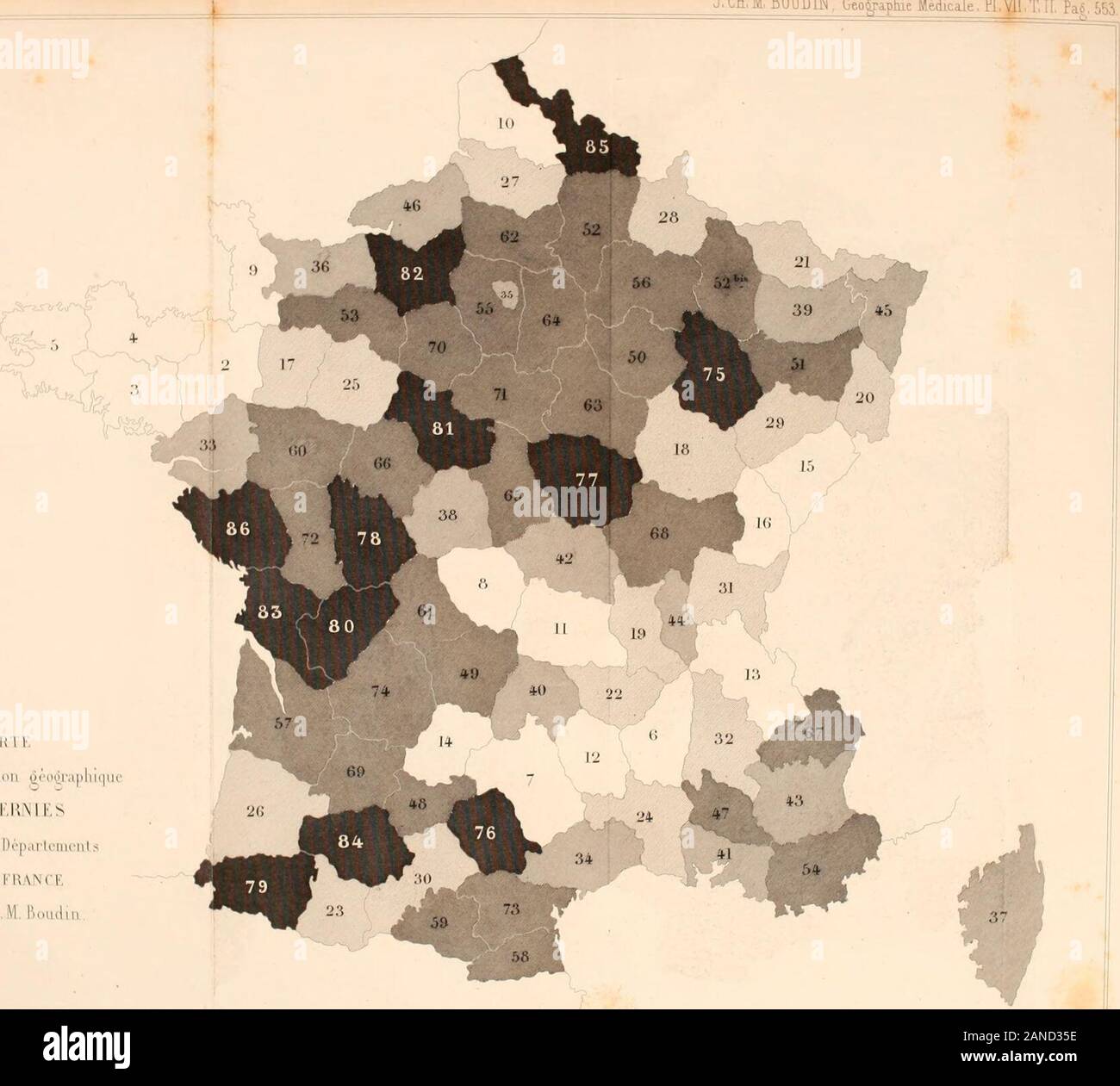 TraiteÌ de geÌographie et de statistique meÌdicales et des maladies endeÌmiques : comprenant la meÌteÌorologie et la geÌologie medicales, les lois statistiques de la population et de la mortaliteÌ, la distribution geÌographique des maladies, et la pathologie compareÌe des races humaines . © de 2 10Ã. Pendant la pÃ©riode de treize ans, de 1837 Ã 18^9 inclusivement, lesexemptions pour hernies se sont rÃ©parties ainsi quil suit entre les 86 dÃ©-partements : Exemptions pour hernies. â Proportion sur 100000 examinÃ©s. NumÃ©rosdordre. 789101112131415161718 DÃ©partements. Meuse 217 Ille-et-Vilaine 79 Stock Photo