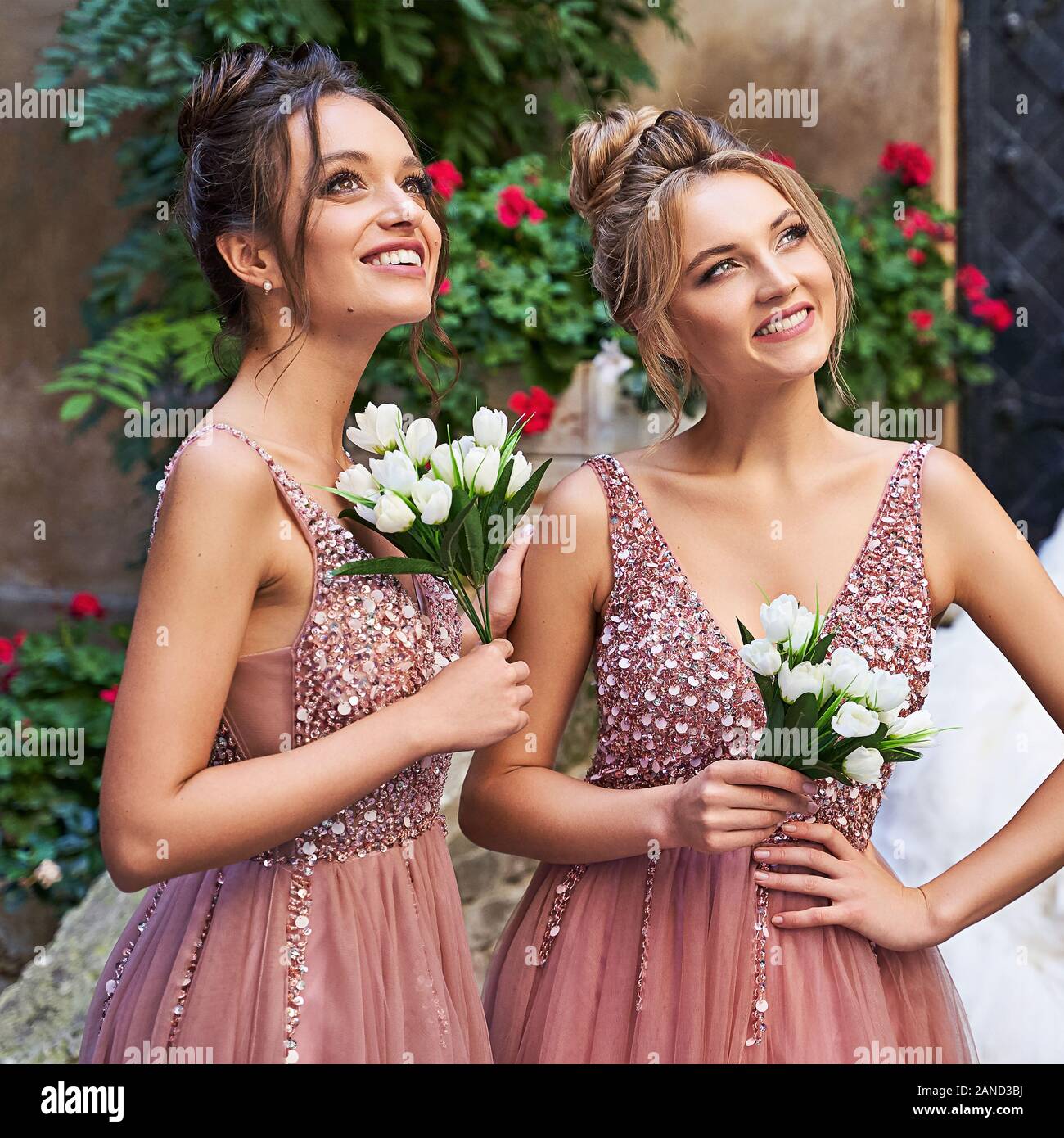 Beautiful bridesmaids in gorgeous elegant stylish red pink violet floor length v neck chiffon gown dress decorated with sequins sparkles and Stock Photo - Alamy Beautiful bridesmaids in gorgeous elegant stylish red pink violet floor length v neck chiffon gown dress decorated with sequins sparkles and Stock Photo - Alamy