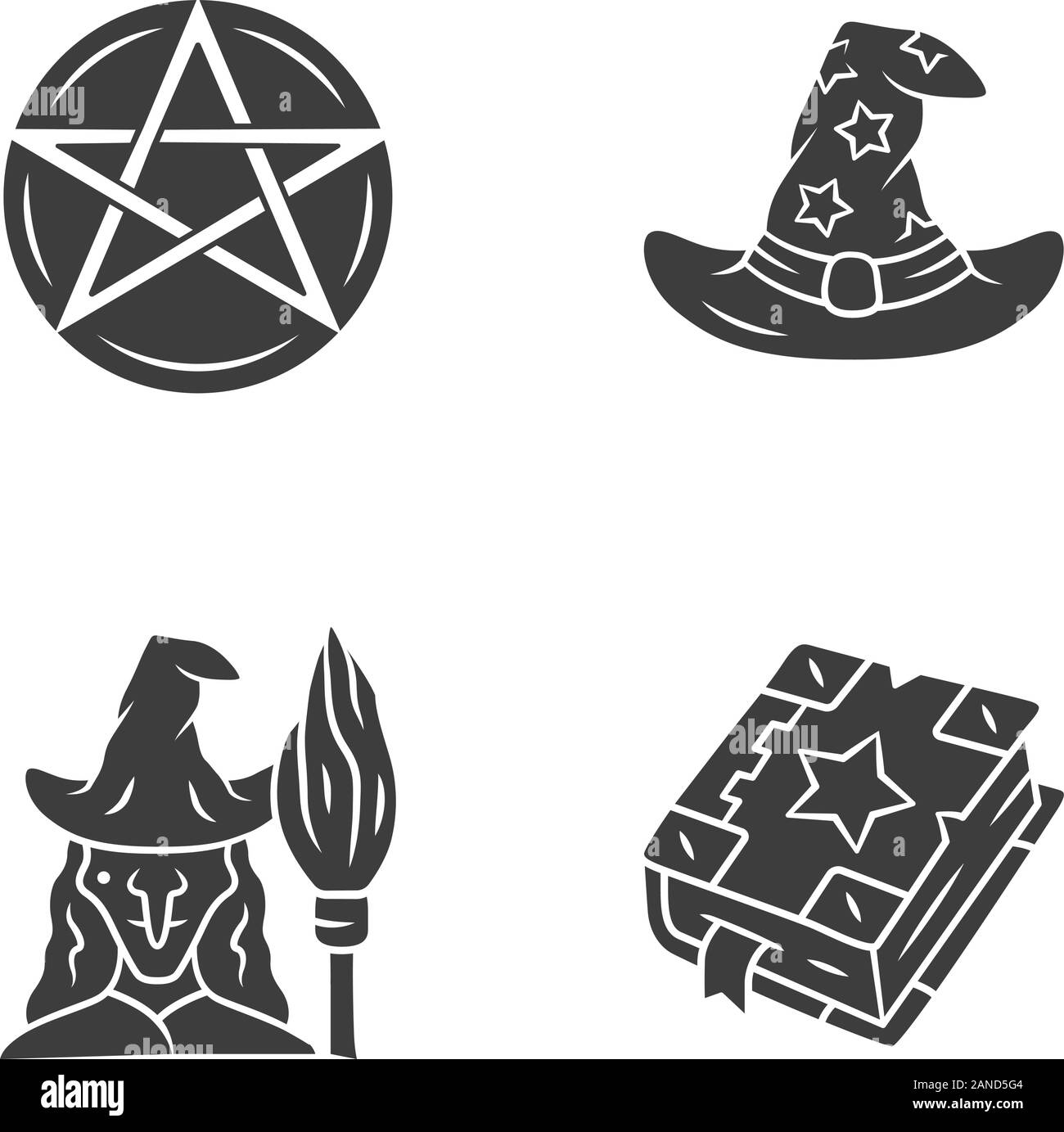 Magic glyph icons set. Pentagram, wizard hat, witch, spell book. Witchcraft, occult ritual items. Mystery objects. Silhouette symbols. Vector isolated Stock Vector