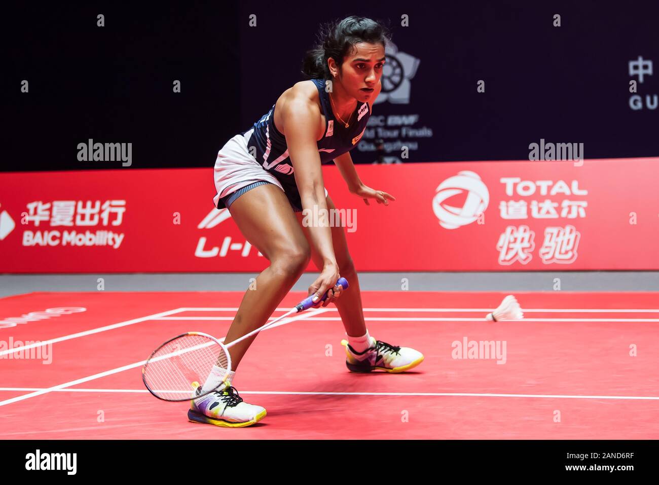 Pusarla Venkata Sindhu of India competes against Akane Yamaguchi of Japan  during group stage of women's single of HSBC BWF World Tour Finals,  Guangzho Stock Photo - Alamy