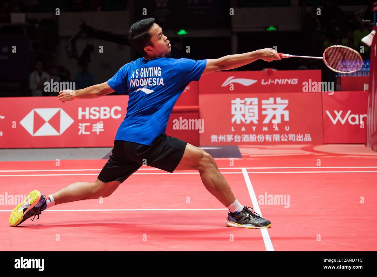 Anthony Sinisuka Ginting Of Indonesia Competes Against Chen Long Of China During Group Stage Of Men S Singles Of Hsbc Bwf World Tour Finals Guangzhou Stock Photo Alamy