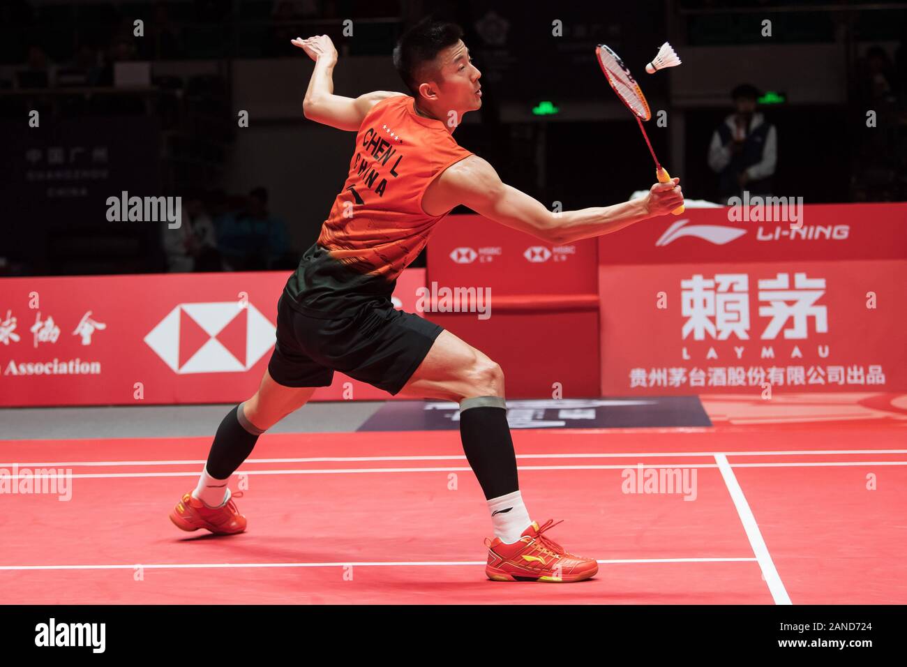 Chen Long of China competes against Anthony Sinisuka Ginting of Indonesia during group stage of mens singles of HSBC BWF World Tour Finals, Guangzhou Stock Photo