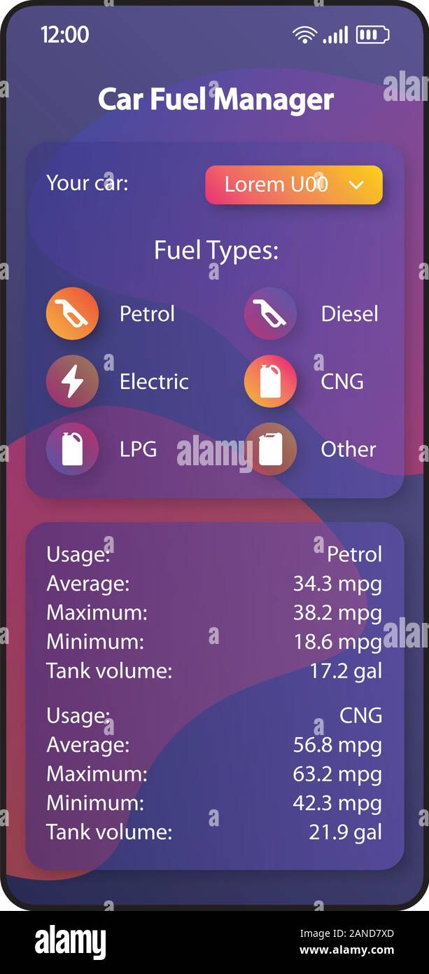 Car fuel manager smartphone interface vector template. Mobile app page