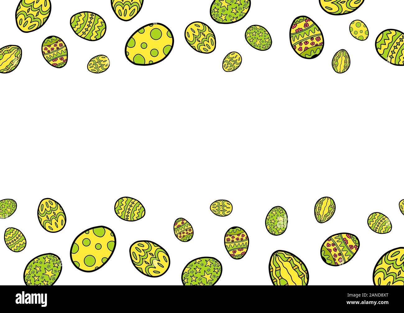 Horizontal easter frame with colored eggs isolated on white background. Copy space. Place for text. Vector stock template. Stock Vector