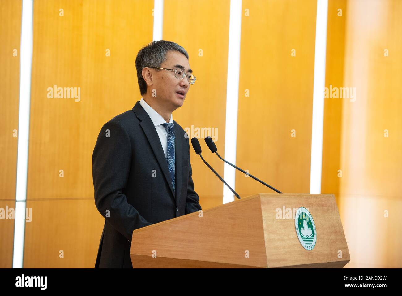 Cheong Weng Chon, Secretary for Administration and Justice, speaks at the press conference at the Macao Government Headquarters in Macao, China, 2 Dec Stock Photo
