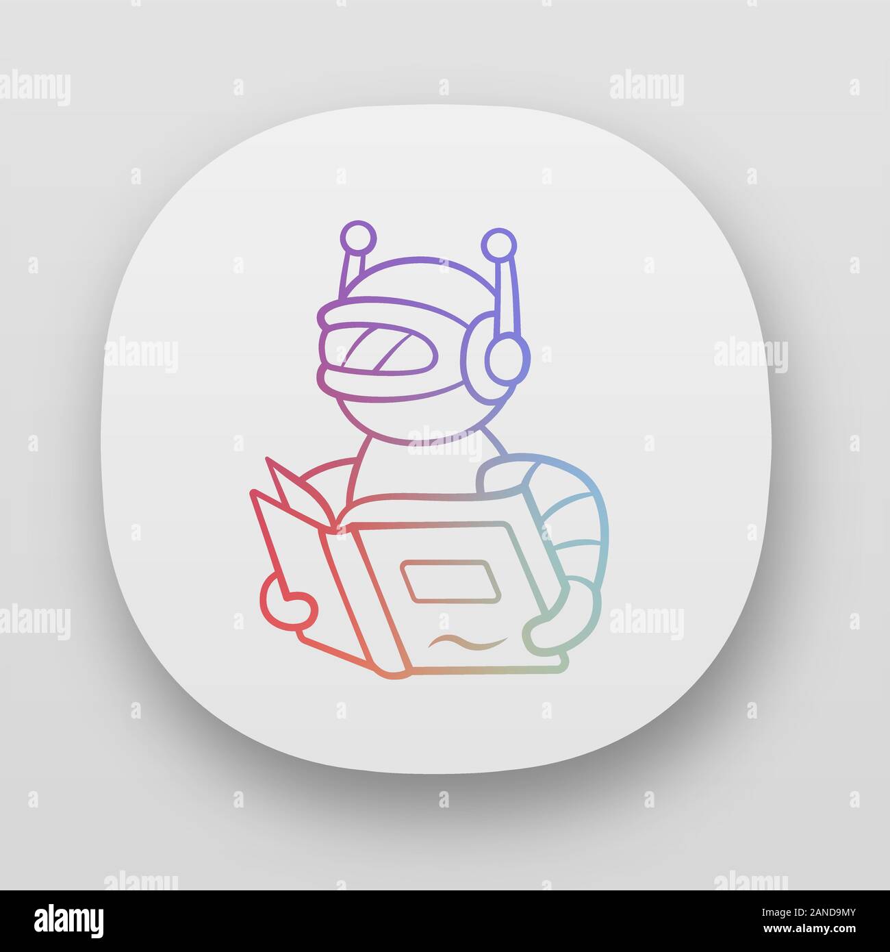 Text reading bot app icon. Screen reader application. Virtual assistant. Robot with book. Software application. UI/UX user interface. Web or mobile ap Stock Vector