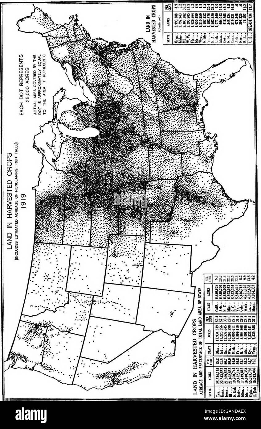 A graphic summary of American agriculture, based largely on the census of 1920 ... . yie 9.—improred land includes all land regularly tilled or mowed; land In pasturethat has been cleared or tilled ; land lying fallow ; land in gardens, orchards, vineyards,and nurseries: and land occupied by buildings, yards, and barnyards. Four-fifths of theimproTed land is in the humid eastern half of the United States, and three-fifths is con-centrated in a triangular-shaped area, the points of which are located m westernPennsvlvania, central Texas, and north-central North Dakota. In this area 60 per centof Stock Photo