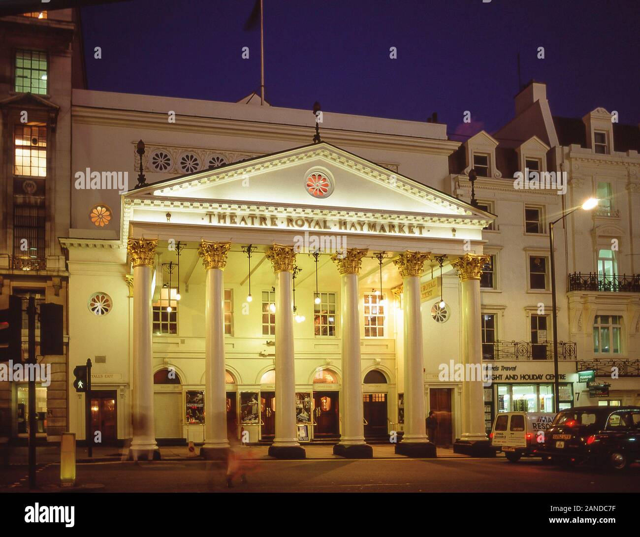 Theatre Royal Haymarket at dusk, Haymarket, City of Westminster, Greater London, England, United Kingdom Stock Photo