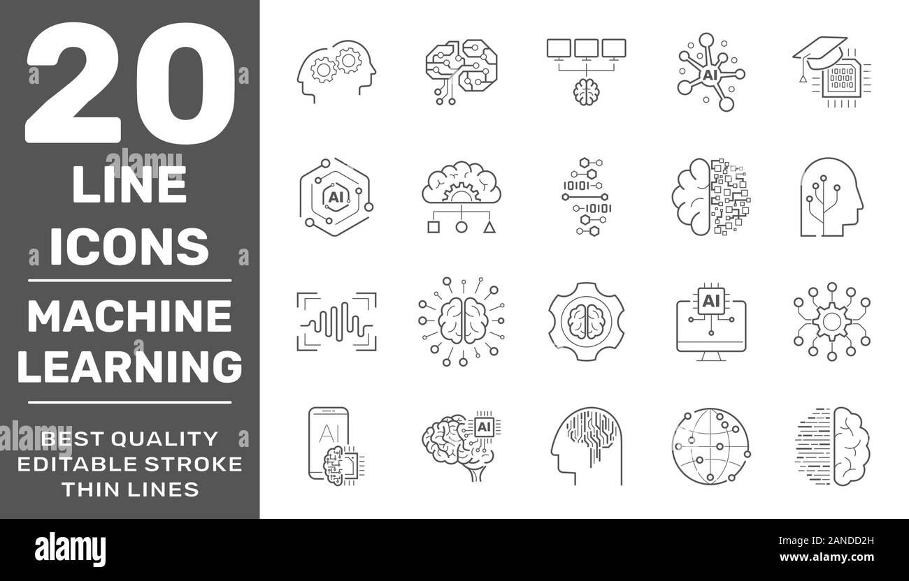 Line icons set of AI machine learning and data science technology. Modern linear pictogram concept. Premium quality outline symbols collection Stock Vector