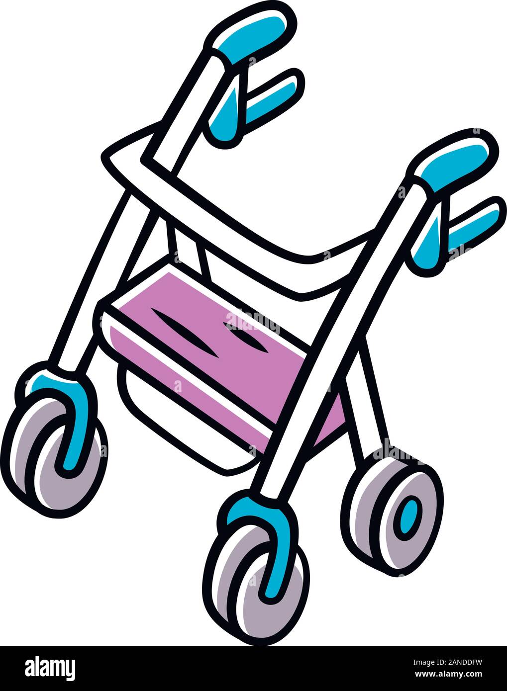 Rollator walker color icon. Mobility aid device for physically disabled people. Pensioner, elderly four wheel walker equipment. Rehab, intense recover Stock Vector