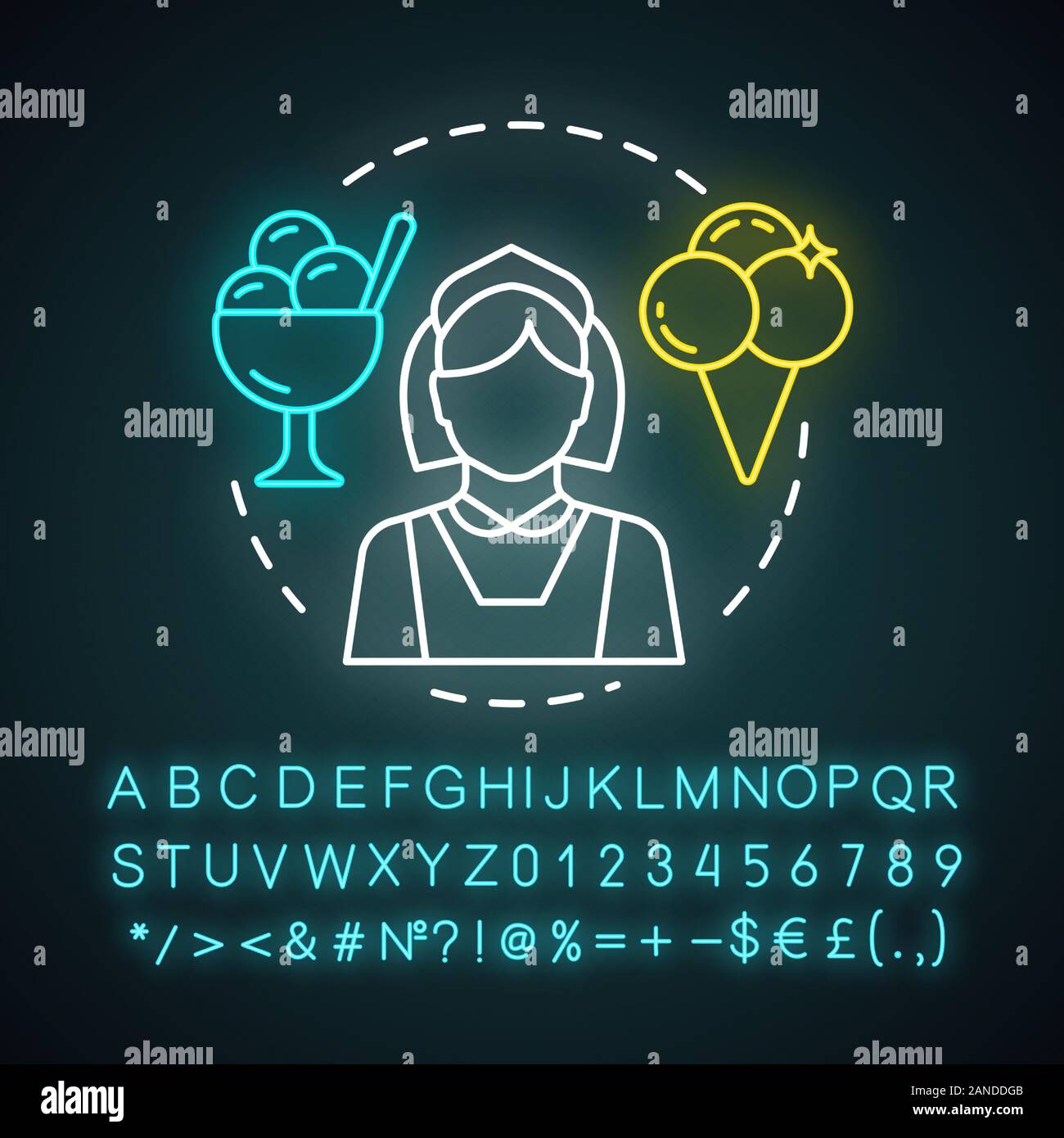 Ice cream scooper neon light icon. Food and beverage service job