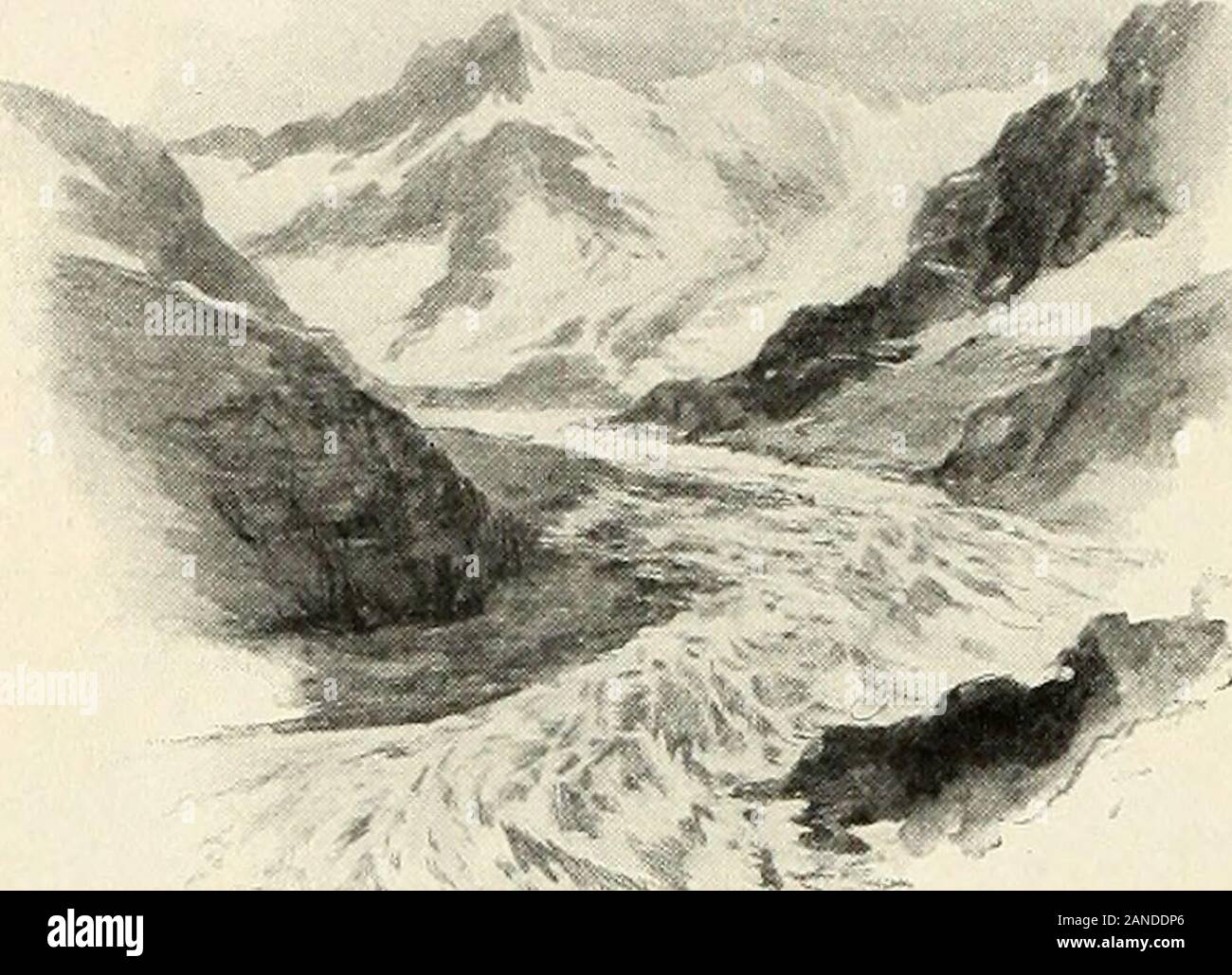 StNicholas [serial] . seen pictures, like that onthe next page, of the great glaciers of Switzer-land or Greenland or Alaska — great rivers ofice moving slowly down the valleys, so slowlythat it is difficult to believe they move at all. Above they are parts of the ice-coats upon themountain peaks; below, in the warmer regions,they melt into clear mountain streams or floataway on the sea as icebergs. As these massesof ice flow along, they scrape the sides of themountains, tear great pieces of rock from the solidledges, carry them down to the valley, and, bymeans of the fragments of rock they ca Stock Photo
