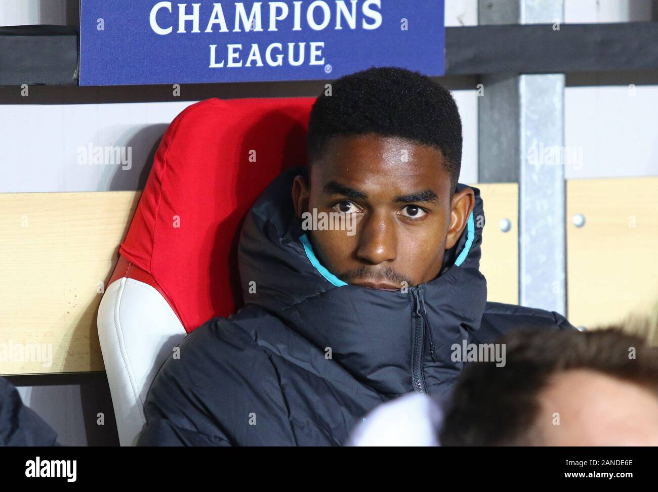 PRAGUE, CZECHIA - OCTOBER 23, 2019: Junior Firpo of Barcelona seats on a bench during the UEFA Champions League game against Slavia Praha at Eden Arena in Prague, Czech Republic Stock Photo