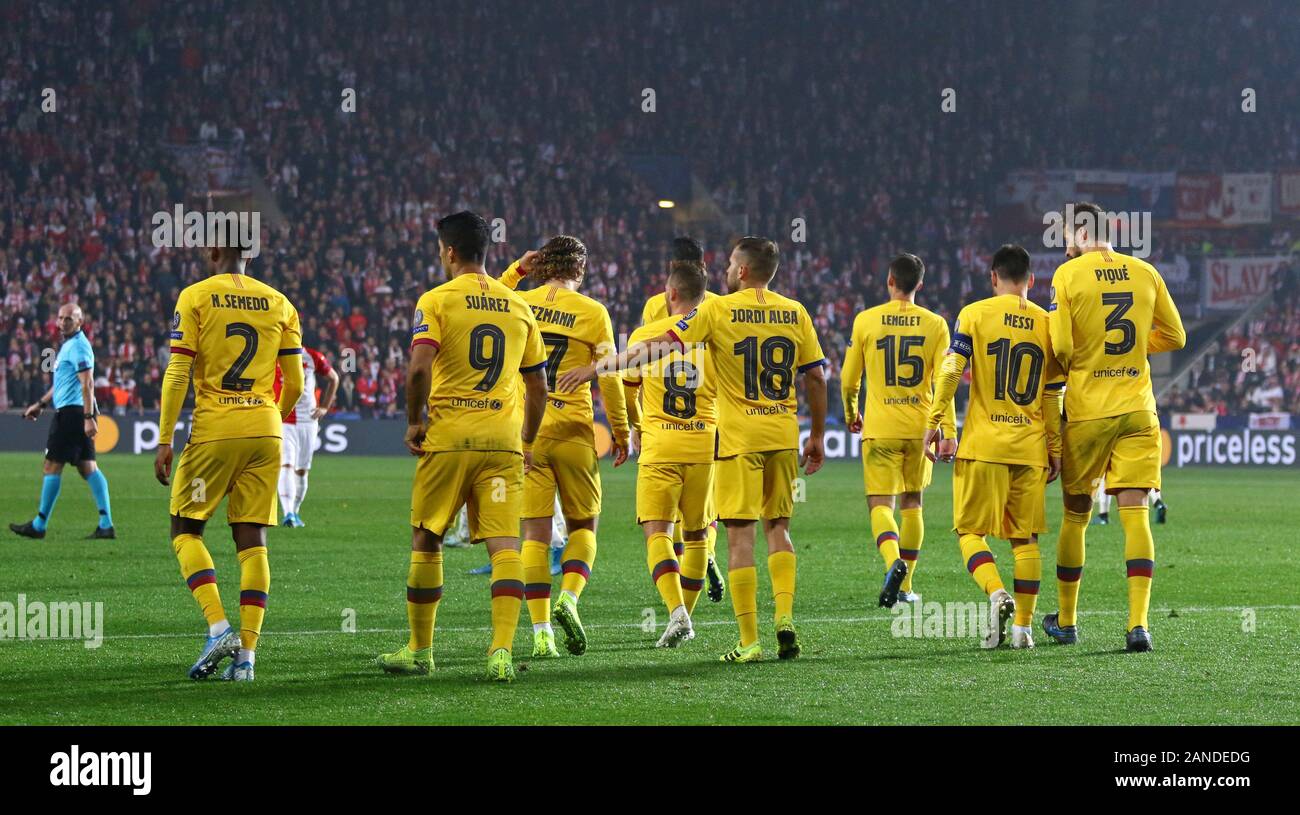 PRAGUE, CZECHIA - OCTOBER 23, 2019: Barcelona players celebrate after Suares scored 2nd a goal during the UEFA Champions League game against Slavia Praha at Eden Arena in Prague. Barcelona won 2-1 Stock Photo