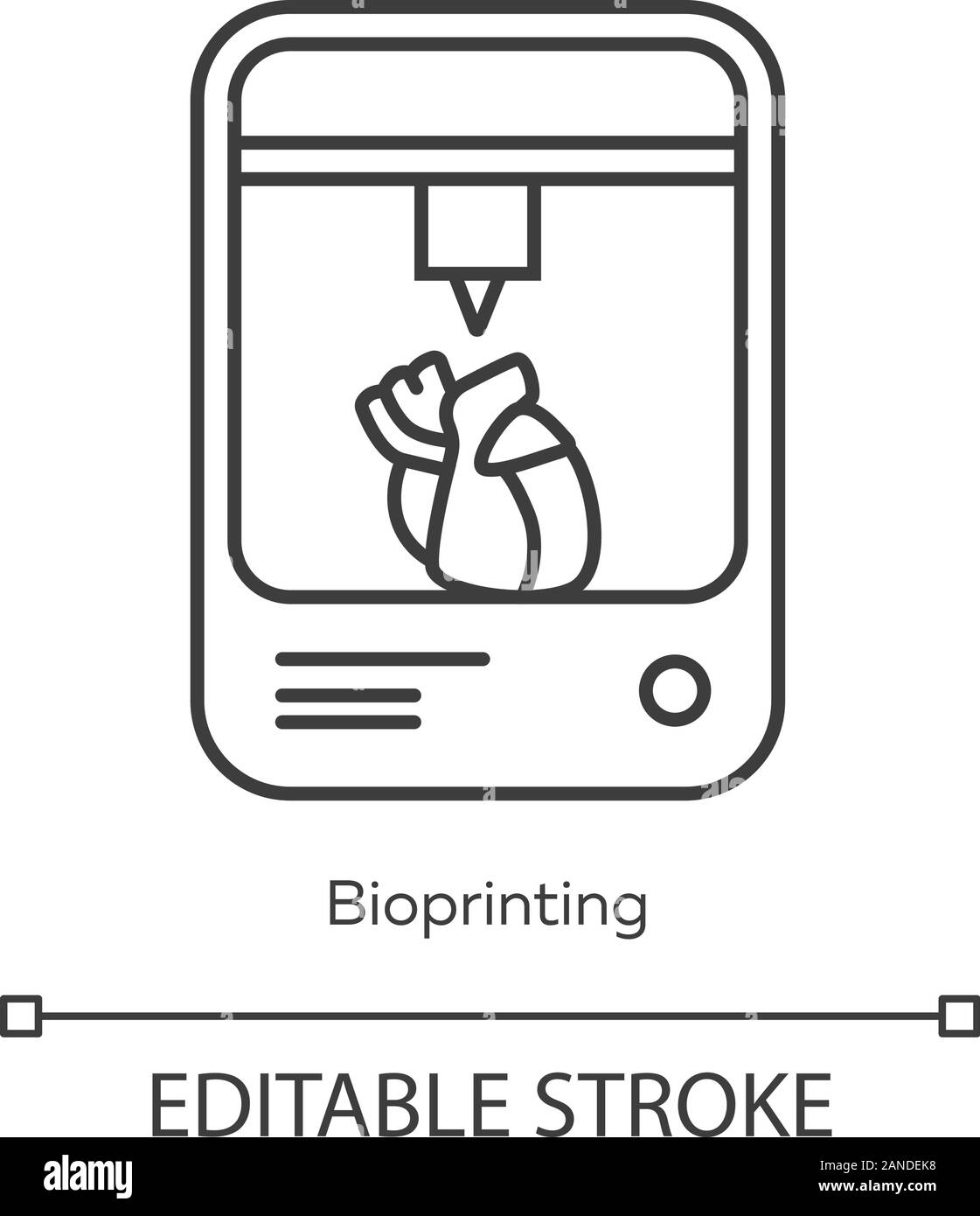 Bioprinting linear icon. Heart 3d printing. Living organs producing. Medical technologies. Bioengineering. Thin line illustration. Contour symbol. Vec Stock Vector