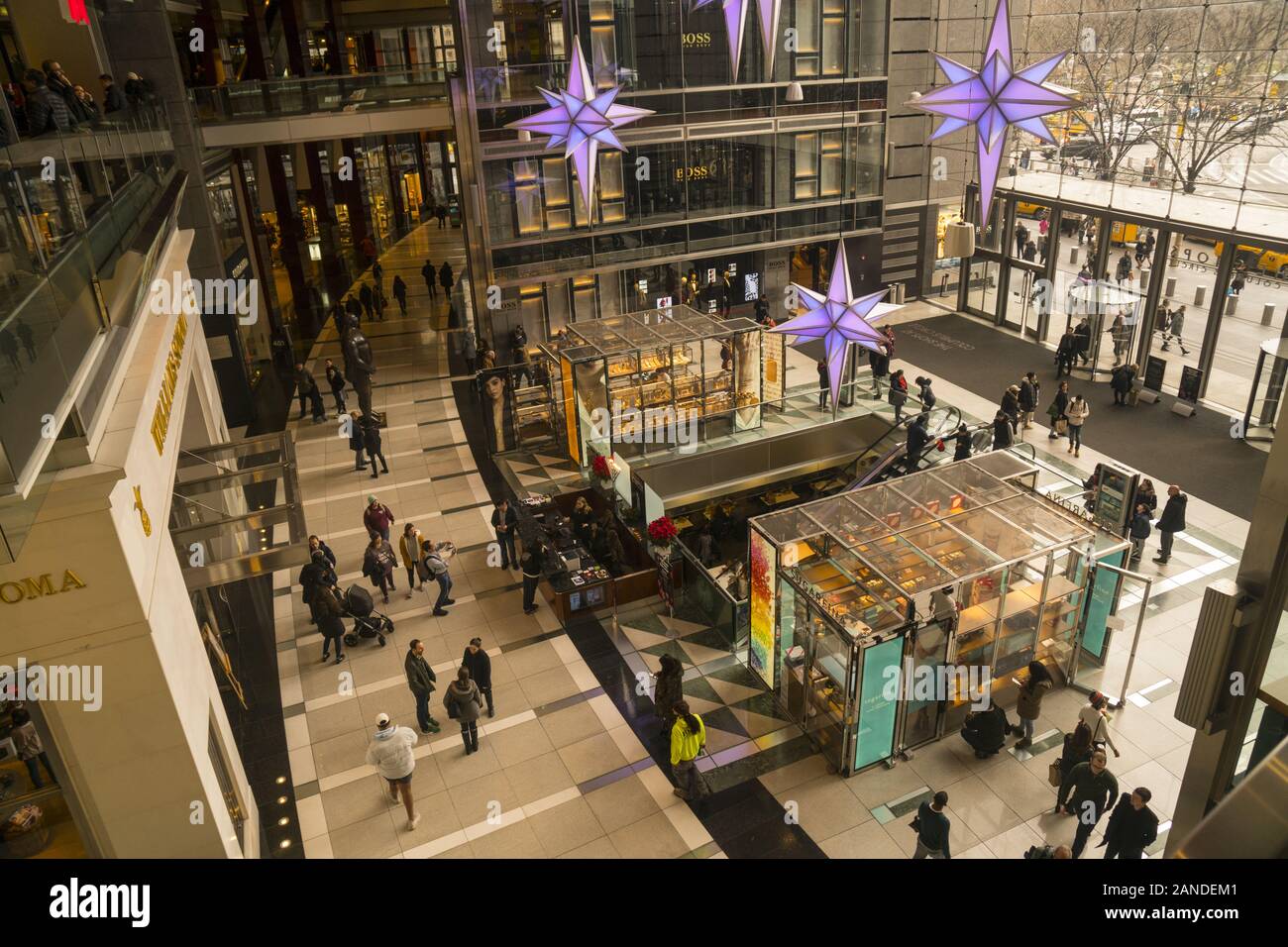 Main lobby of the Time Warner Building decorated for the holiday season at Columbus Circle across the street from Central Park in New York City. Stock Photo