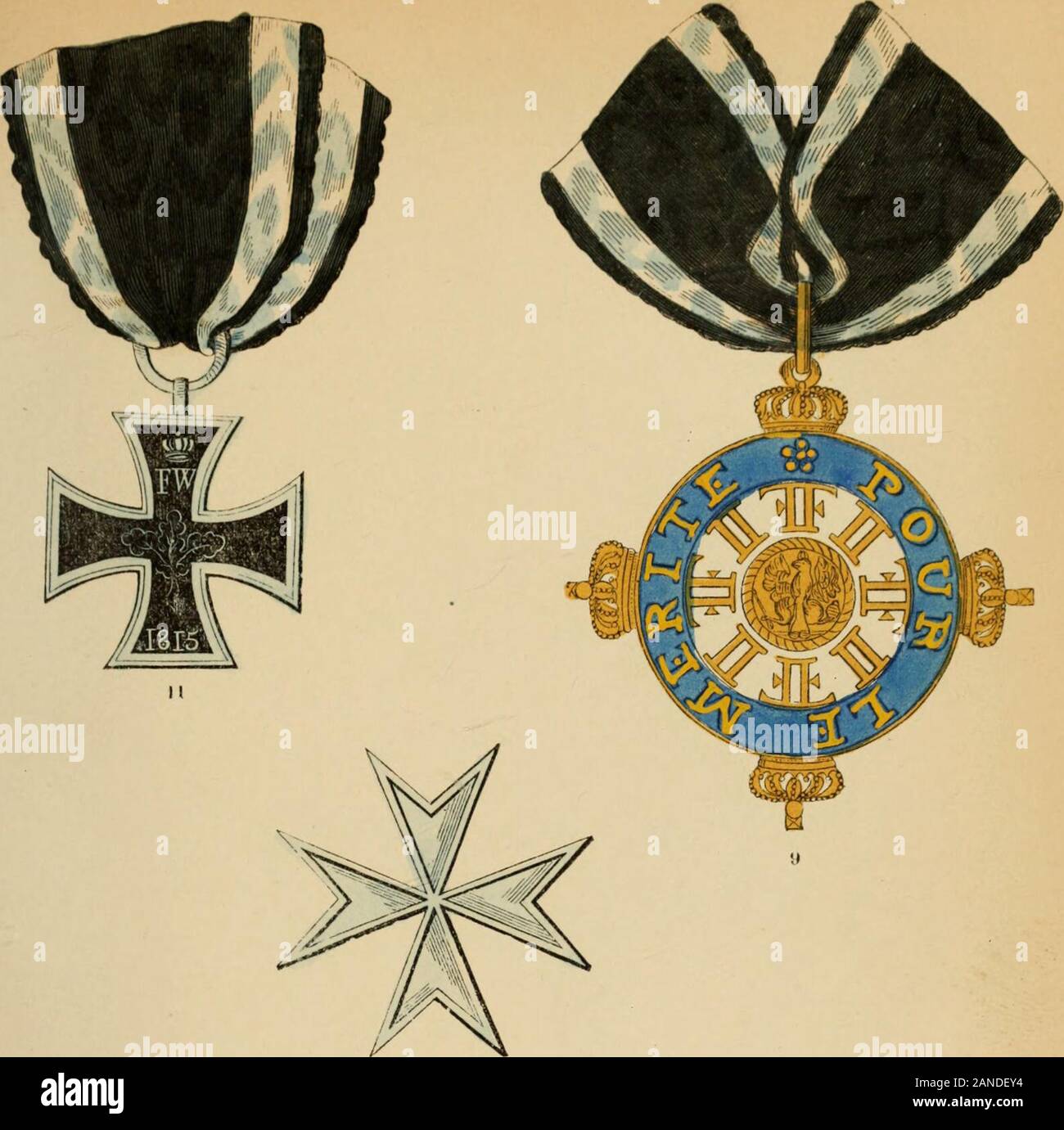 The book of orders of knighthood and decorations of honour of all nations ... . Grand Mastership on his brother, theElector Frederick III. The Order came, however, officially intoforce only in 1685. The decoration consisted of an octagonalcross enamelled sky blue, with small golden balls on the points,and with the golden letter F within the upper wing, surmountedby an Electorate hat, but this Frederick I. afterwards convertedinto a crown, while in the three other wings was distributedthe word * Generosite. The corners of the cross were filled outby gold eagles with expanded wings; the reverse Stock Photo