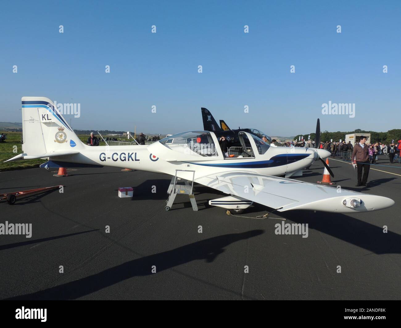 G-CGKL, a Grob Tutor T1 in the colours of 3 Flying Training School, Royal Air Force, at RAF Leuchars in 2012. Stock Photo