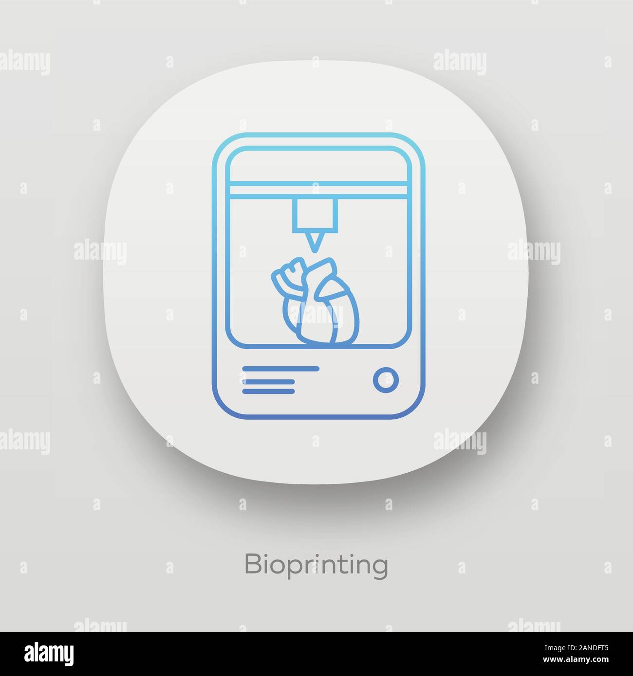 Bioprinting app icon. Artificial heart 3d printing. Living organs producing. Medical technologies. Bioengineering. UI/UX user interface. Web or mobile Stock Vector