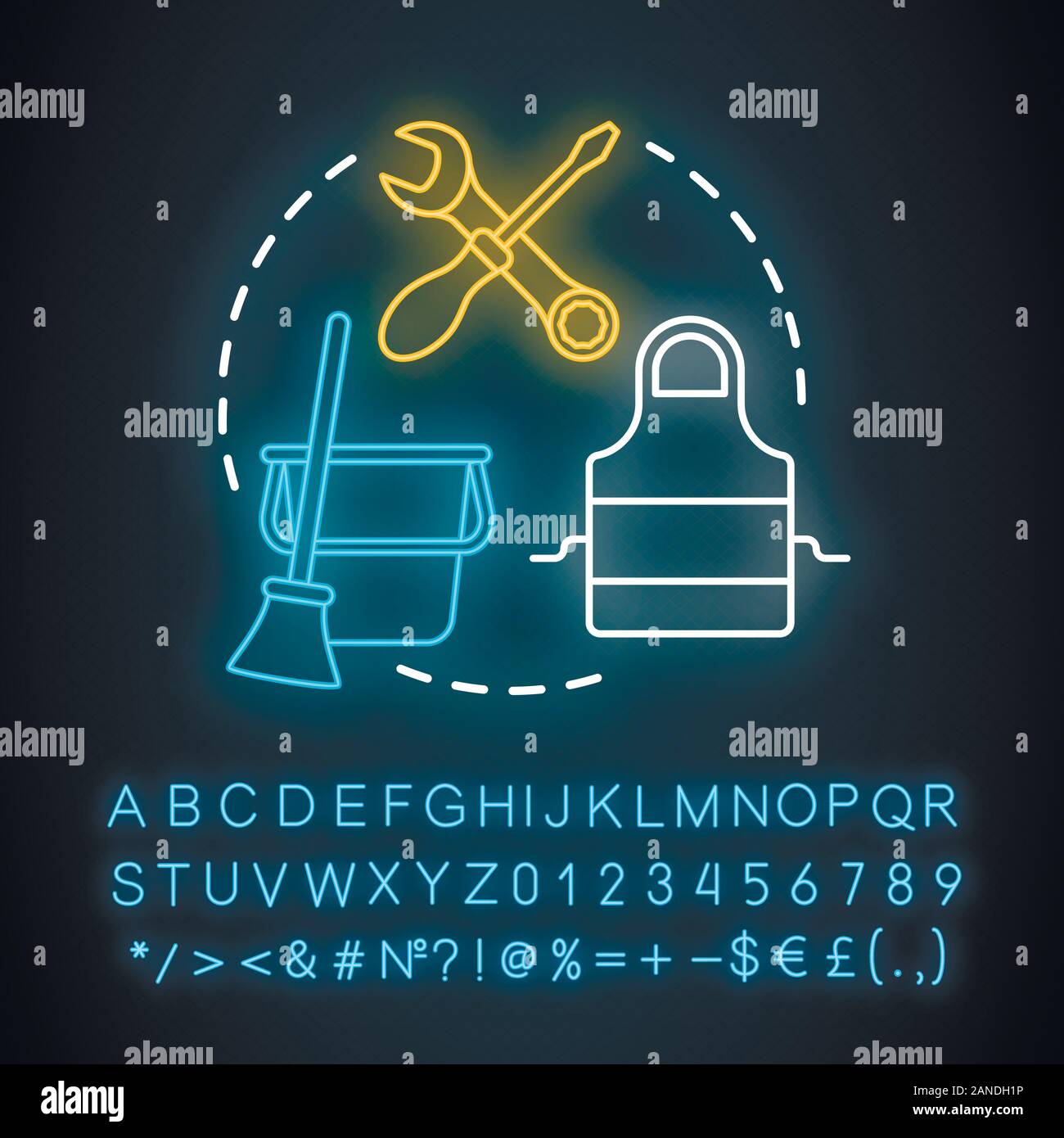 Domestic services neon light concept icon. Household duties, cleaning, cooking idea. Glowing