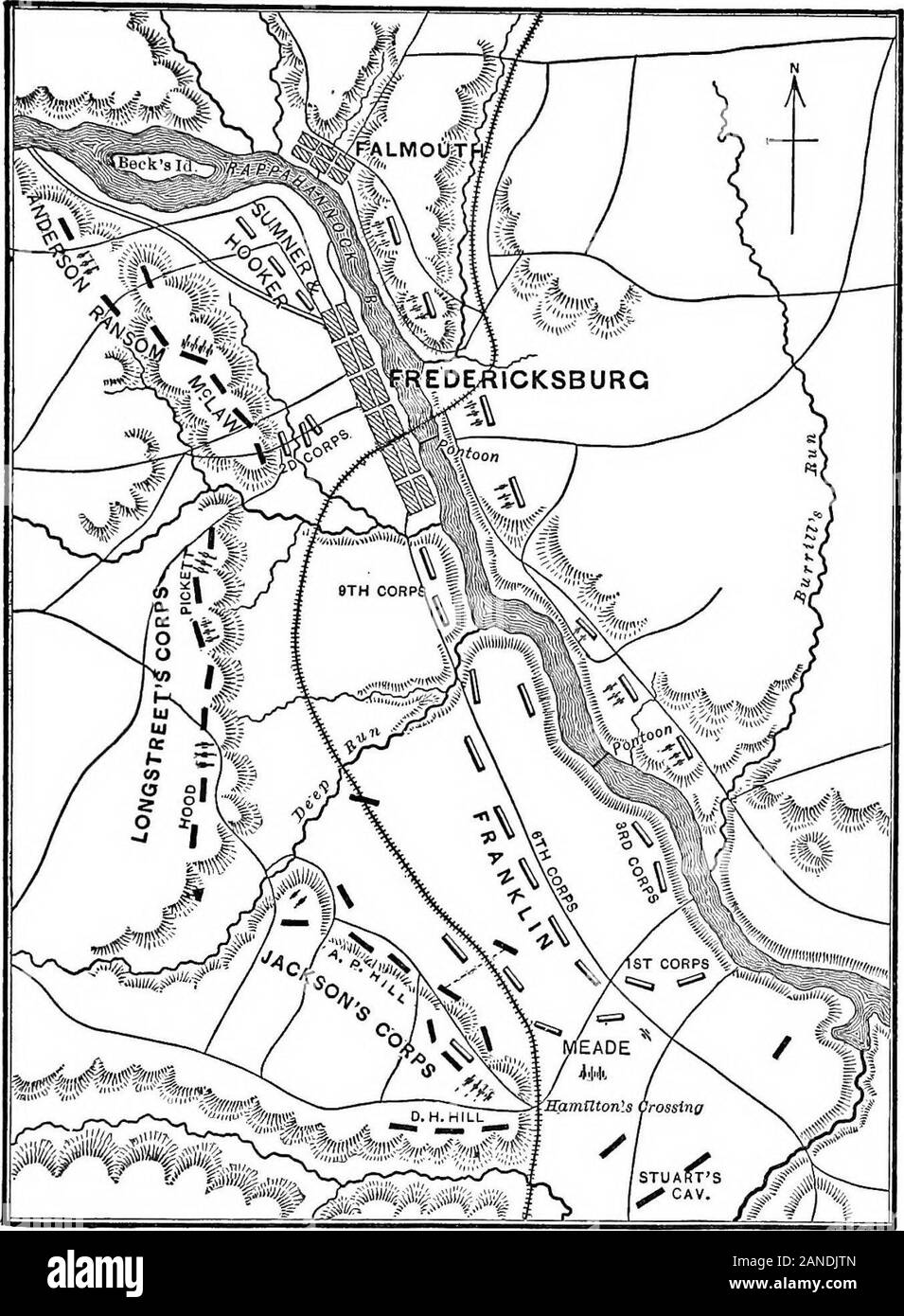 Harper's encyclopædia of United States history from 458 A.Dto 1906, based upon the plan of Benson John Lossing .. . FBEDERICKSBUBG, BATTLE AT. MAP OP BATTLE OF FREDERICKSBURG. manded the town. Sumner demanded the Rappahannock, its right at Port Royal surrender of the city (Nov. 21). It wasrefused. The bridges had been destroyed.A greater portion of the inhabitants nowfled, and the town was occupied by Con-federate troops. Lees army, 80,000strong, was upon and near the Heights ofFredericksburg by the close of November,and had planted strong batteries there.The army lay in a semicircle around Fr Stock Photo