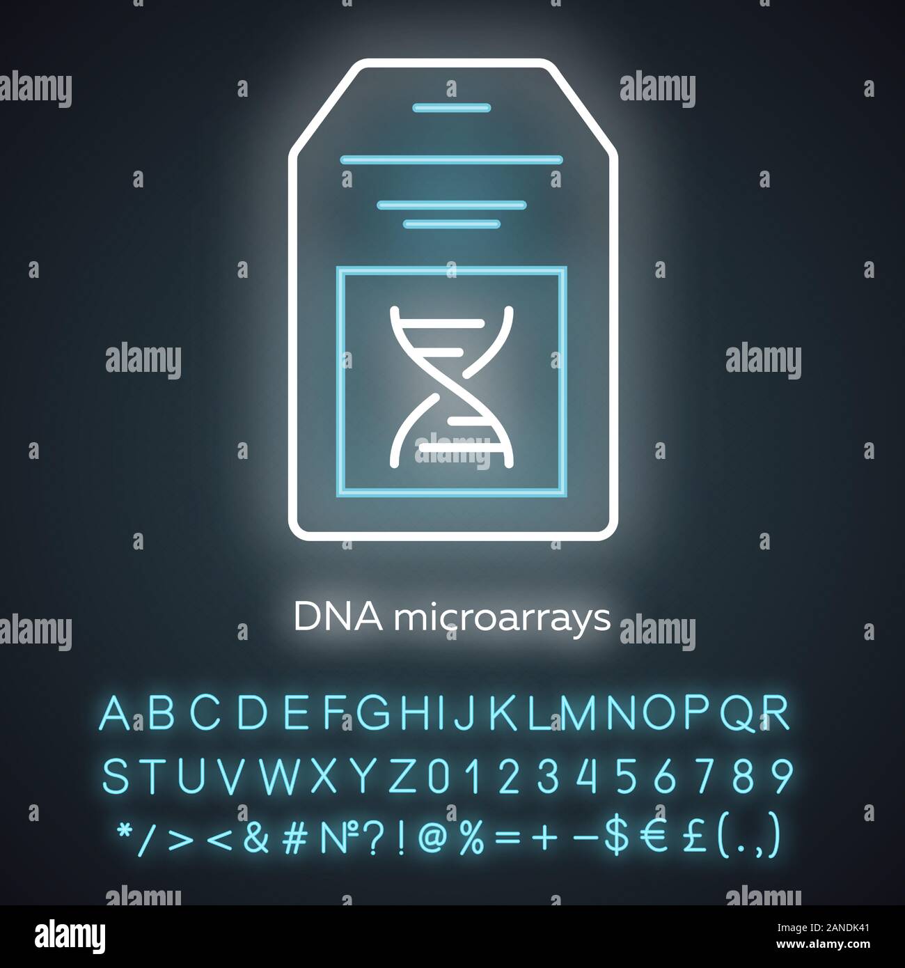 DNA microarray neon light icon. DNA chip. Microscopic chromosome spots collection. Biochip. Gene research. Bioengineering. Glowing sign with alphabet, Stock Vector