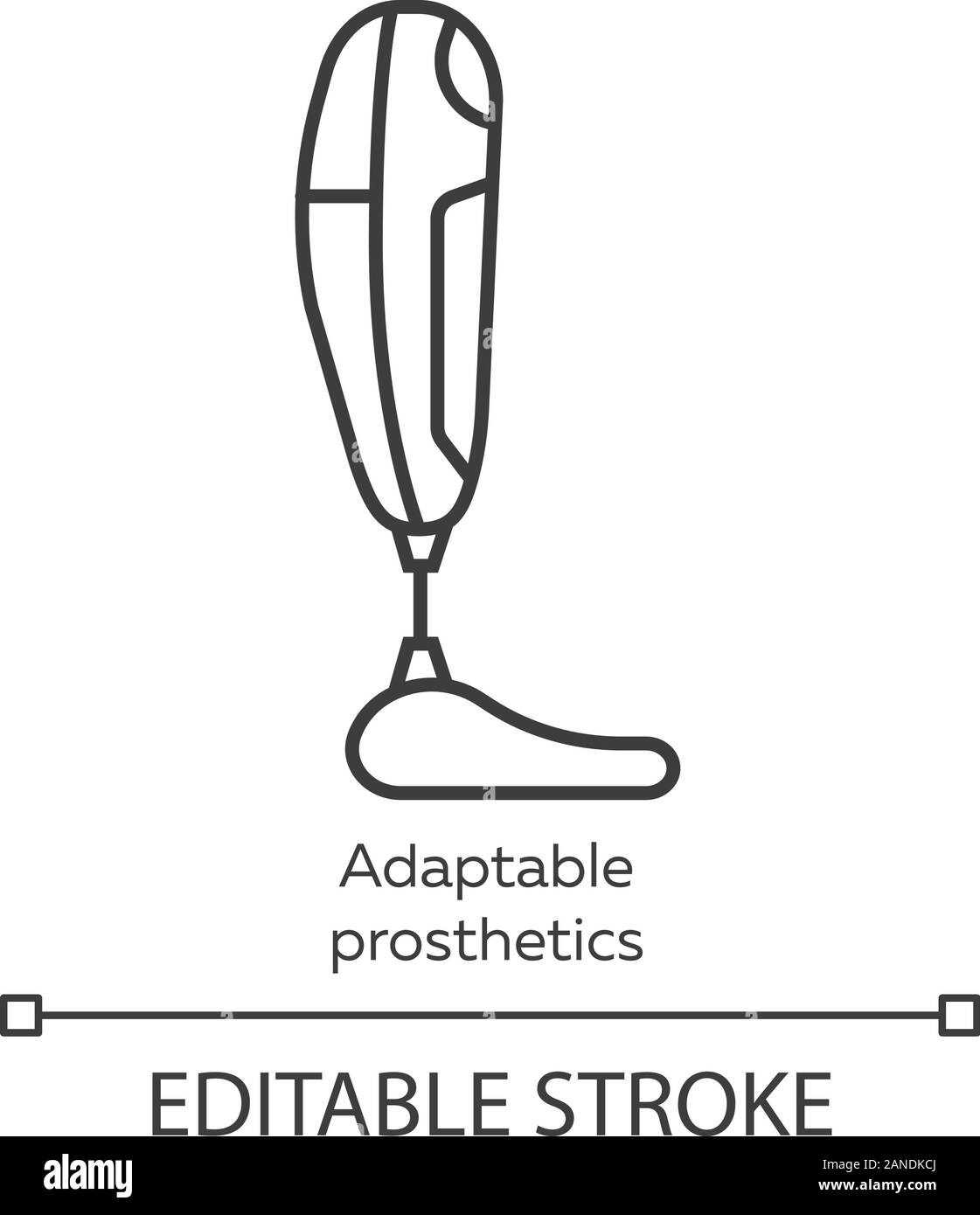 Adaptable prosthetics linear icon. Missing body part replacing. Artificial limb. Bionic foot. Bioengineering. Thin line illustration. Contour symbol. Stock Vector