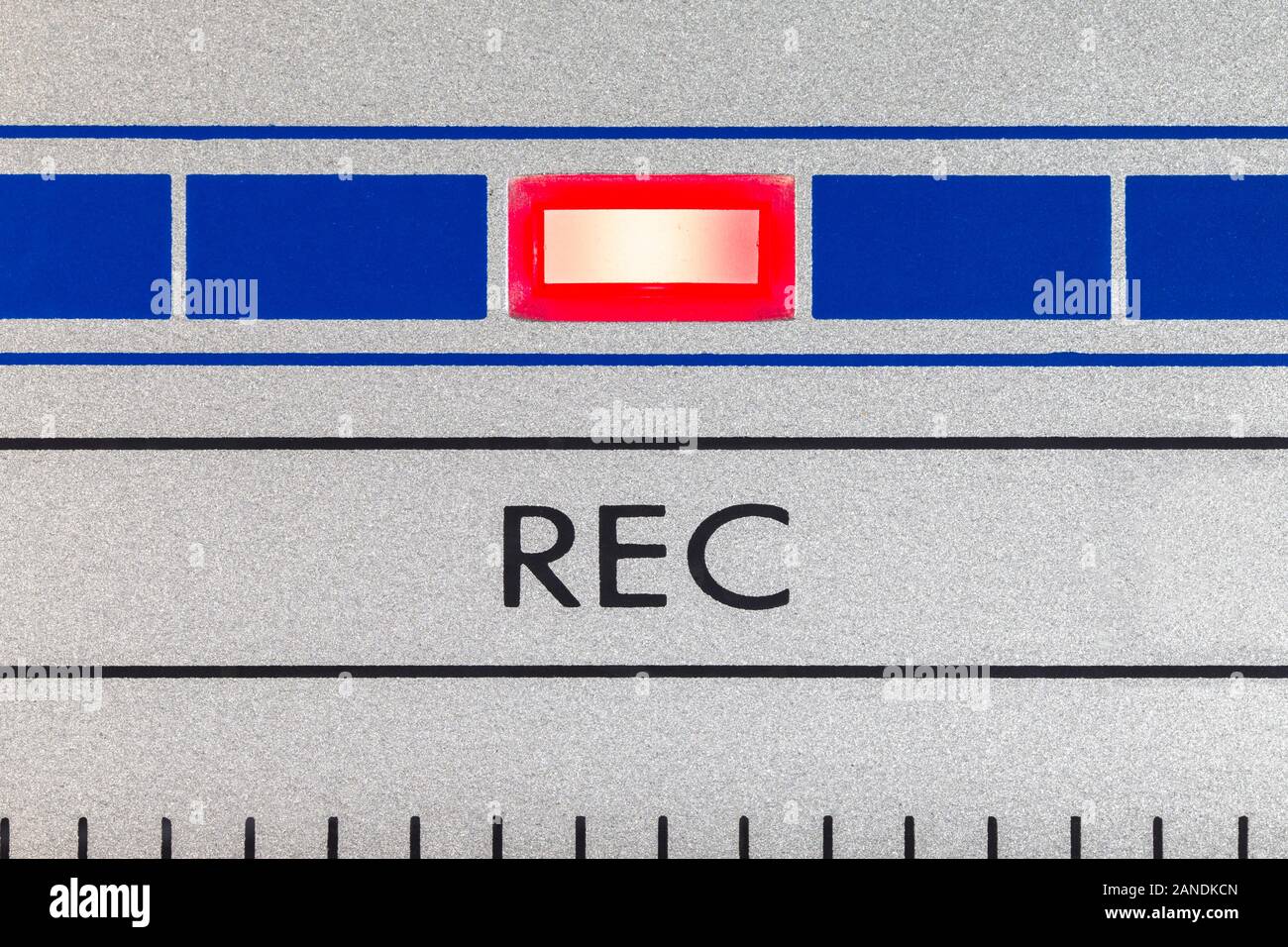 Macro close up photograph of record light on vintage boombox tape machine. Stock Photo