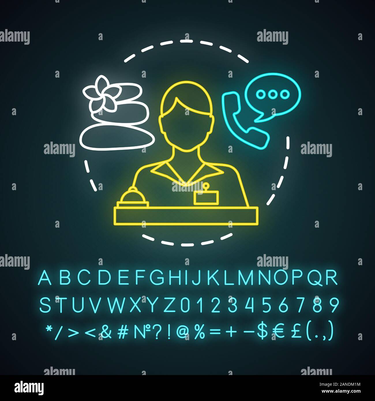 Spa salon receptionist neon light icon. Secretary, manager making ...